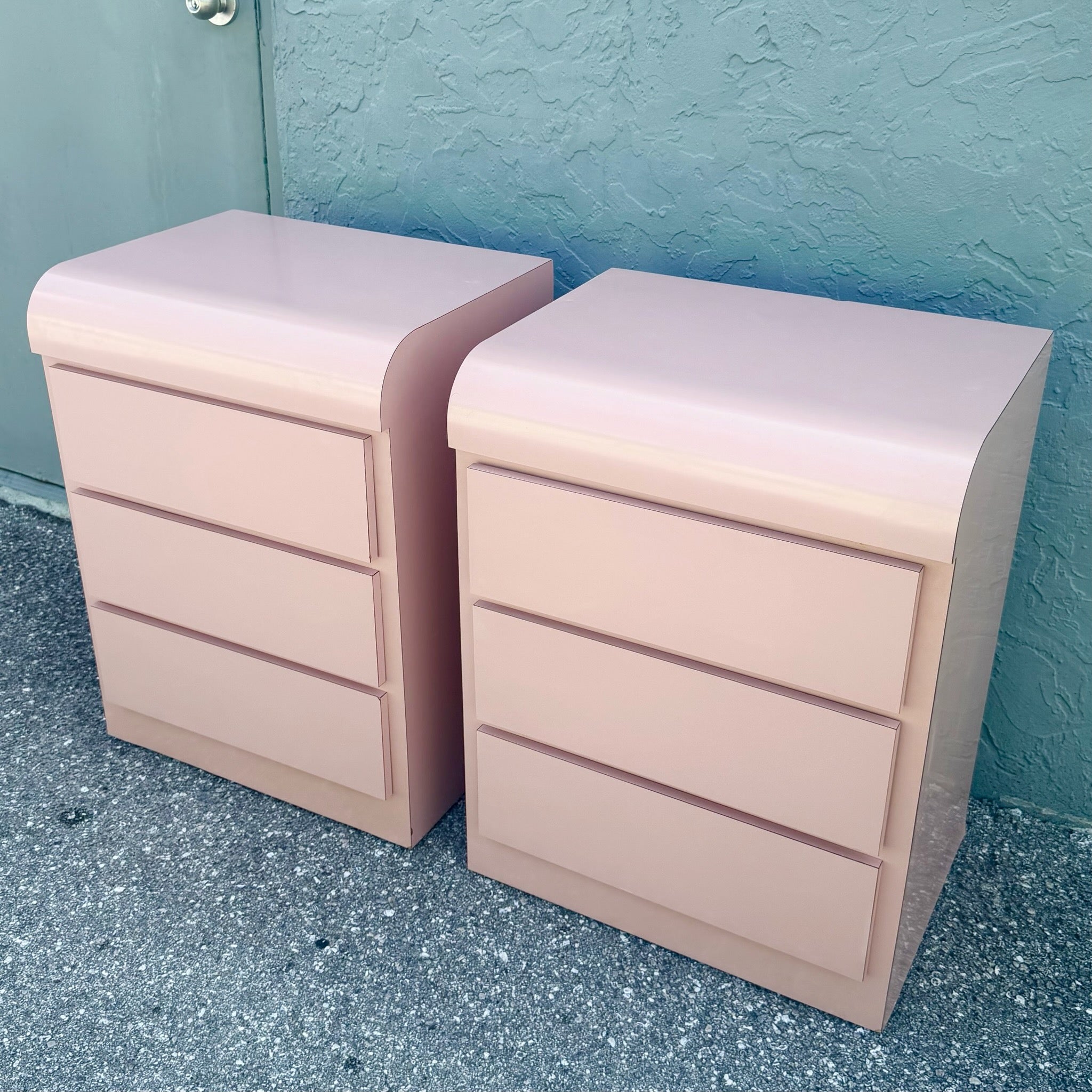 Postmodern Pink Gloss Laminate Waterfall Nightstands - A Pair Dolphin & Flamingo