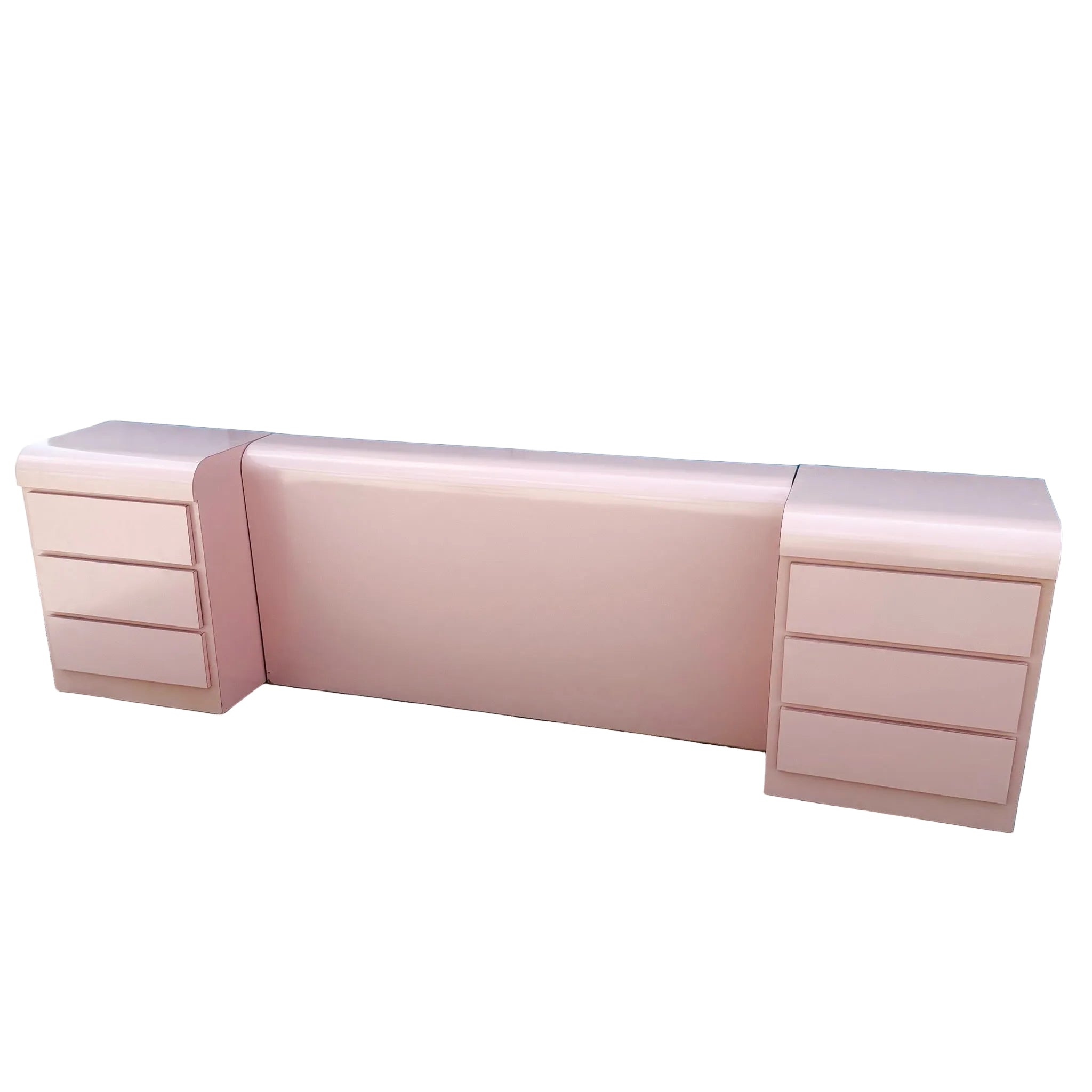 Postmodern Pink Gloss Laminate Waterfall Nightstands With Queen Headboard Set - 3 Pieces Dolphin & Flamingo