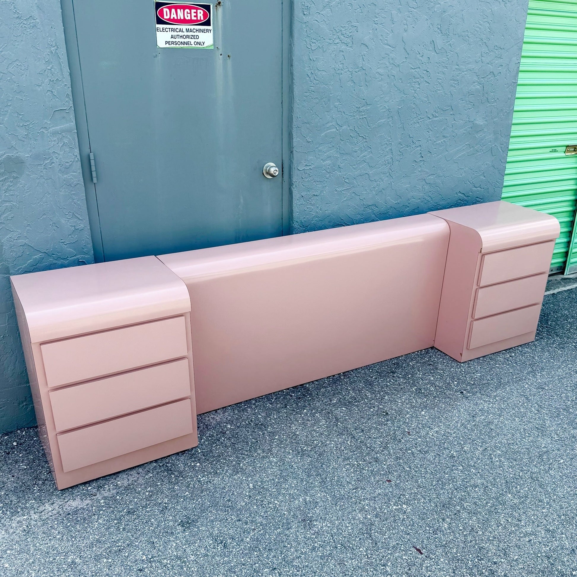 Postmodern Pink Gloss Laminate Waterfall Nightstands With Queen Headboard Set - 3 Pieces Dolphin & Flamingo