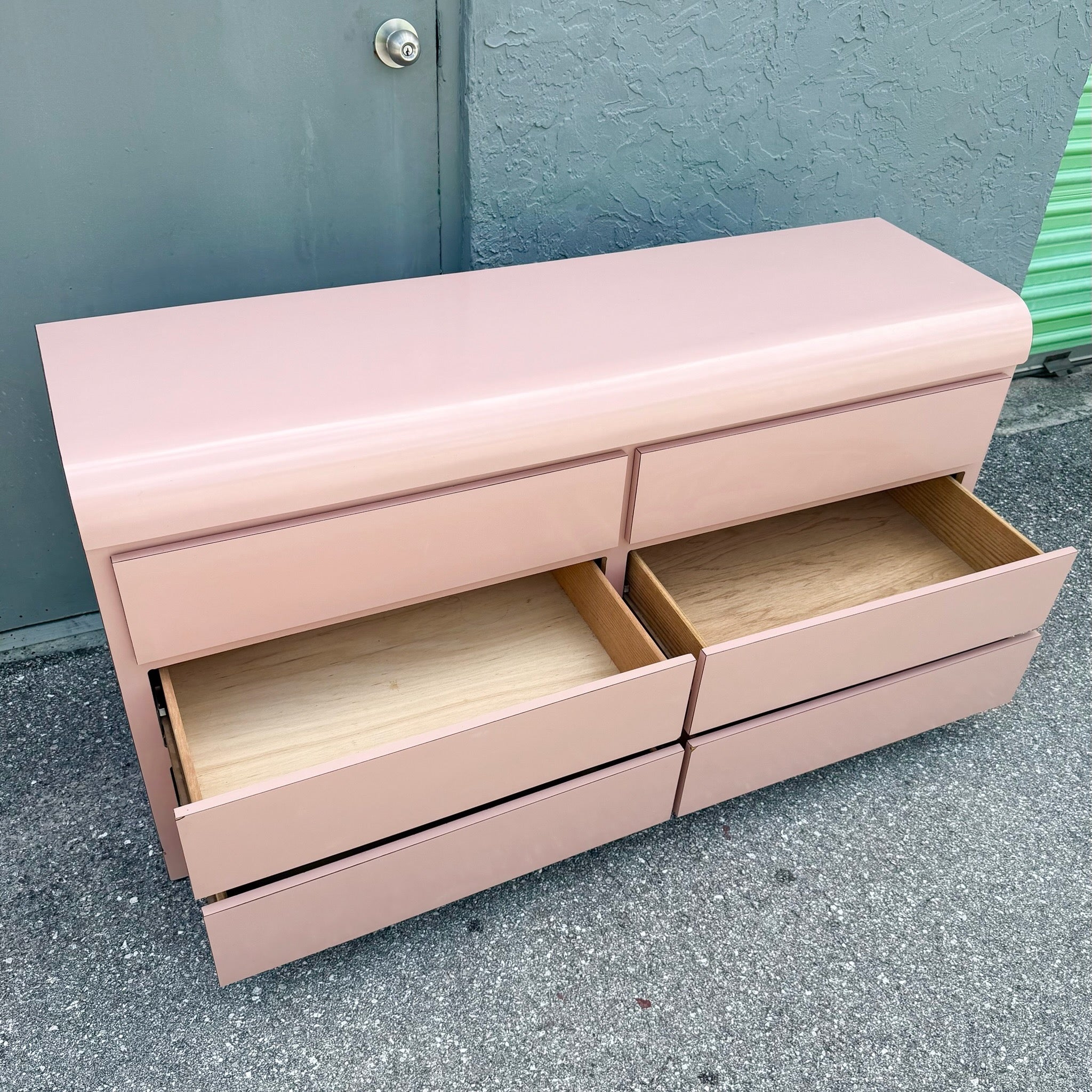Postmodern Pink Gloss Laminate Waterfall Dresser Dolphin & Flamingo