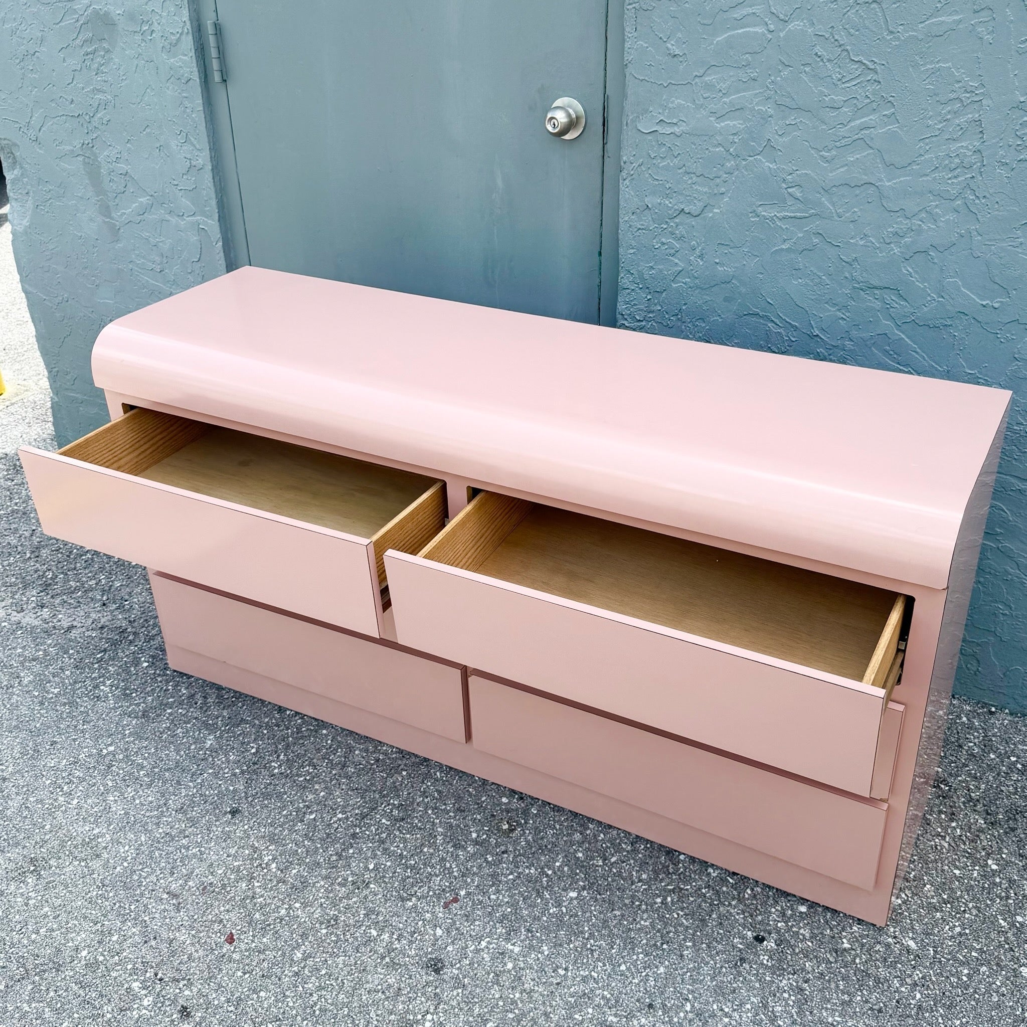 Postmodern Pink Gloss Laminate Waterfall Dresser Dolphin & Flamingo