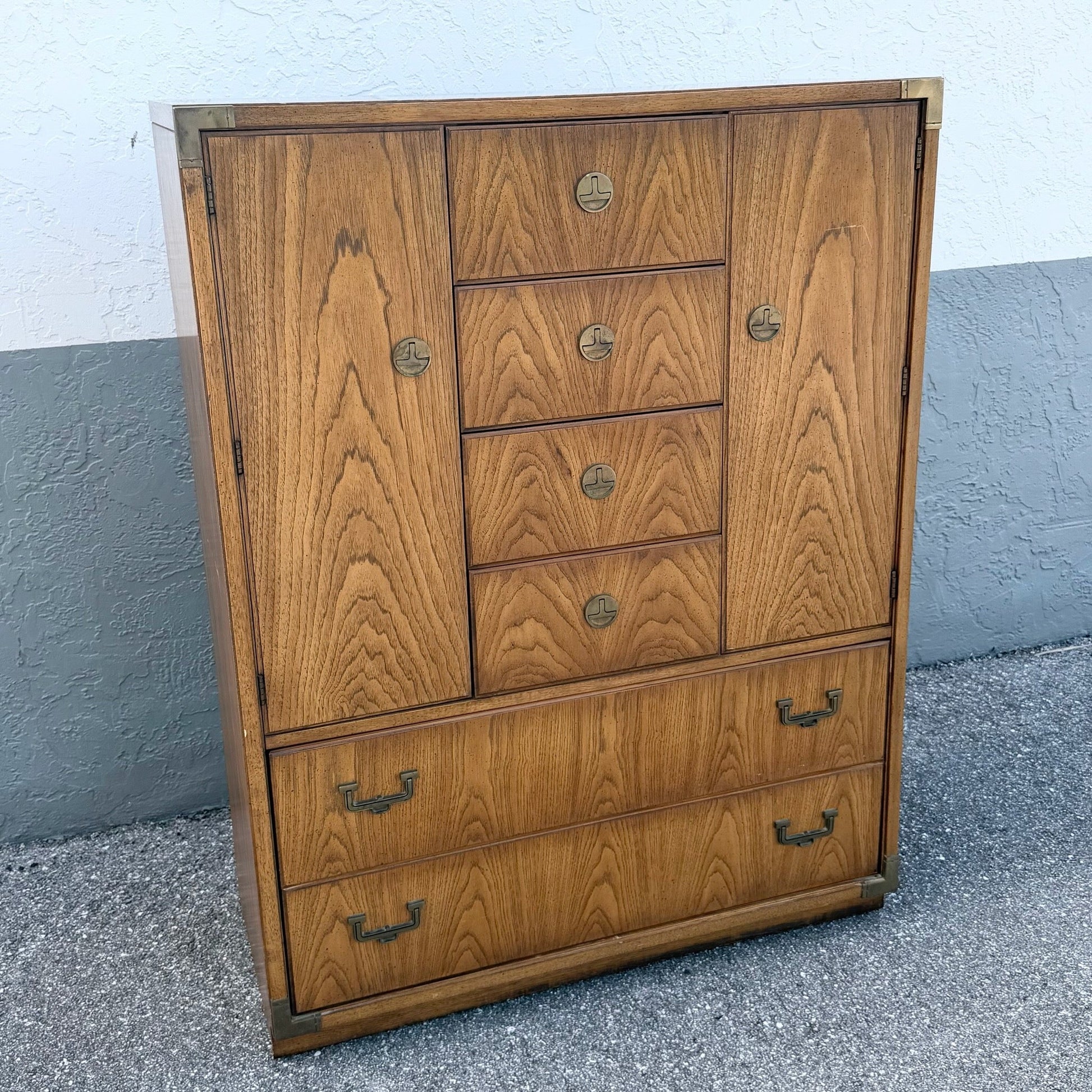 Vintage Huntley Campaign Highboy Dresser by Thomasville Dolphin & Flamingo