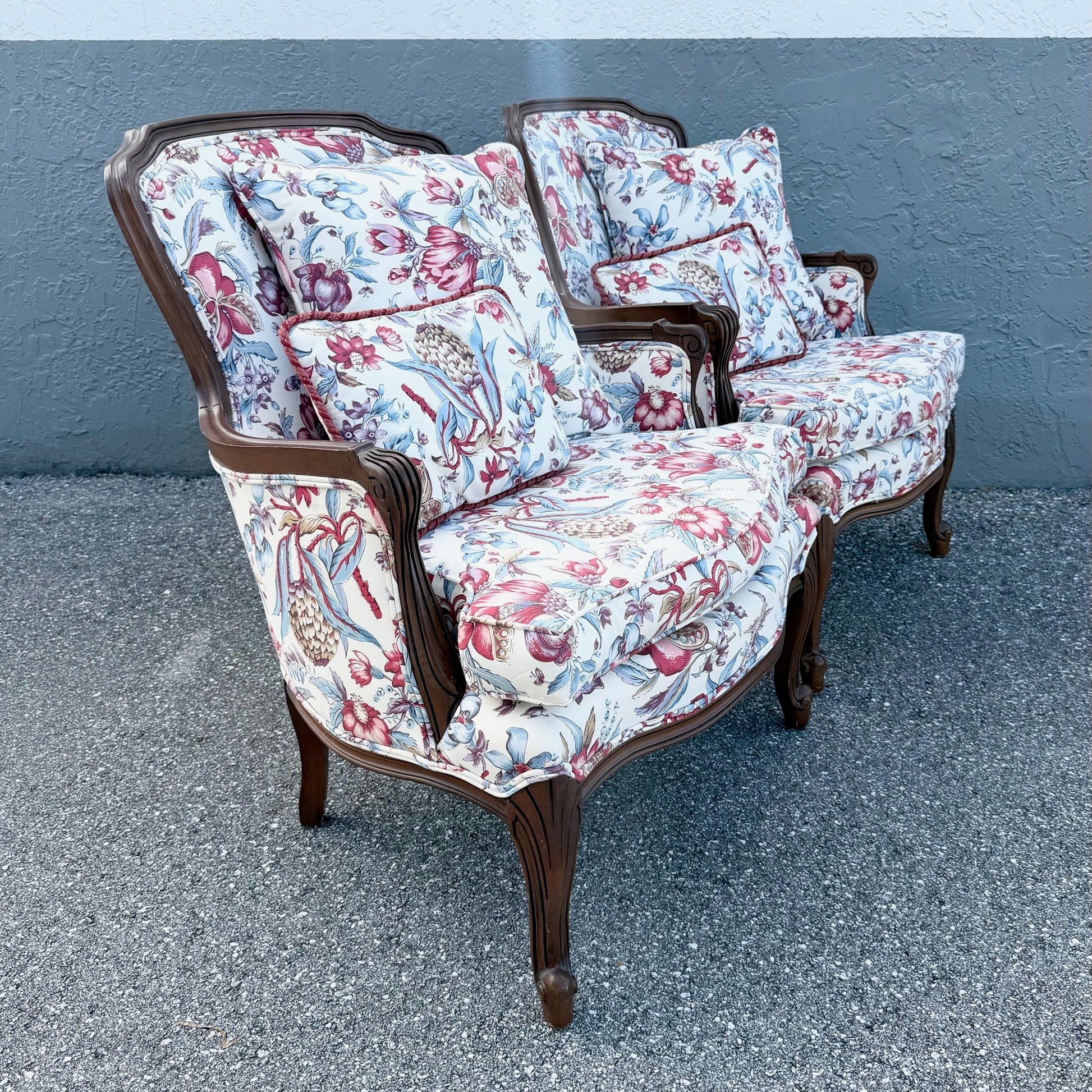 Vintage French Provincial Floral Upholstery Lounge Chairs - Pair Dolphin & Flamingo