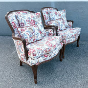 Vintage French Provincial Floral Upholstery Lounge Chairs - Pair Dolphin & Flamingo