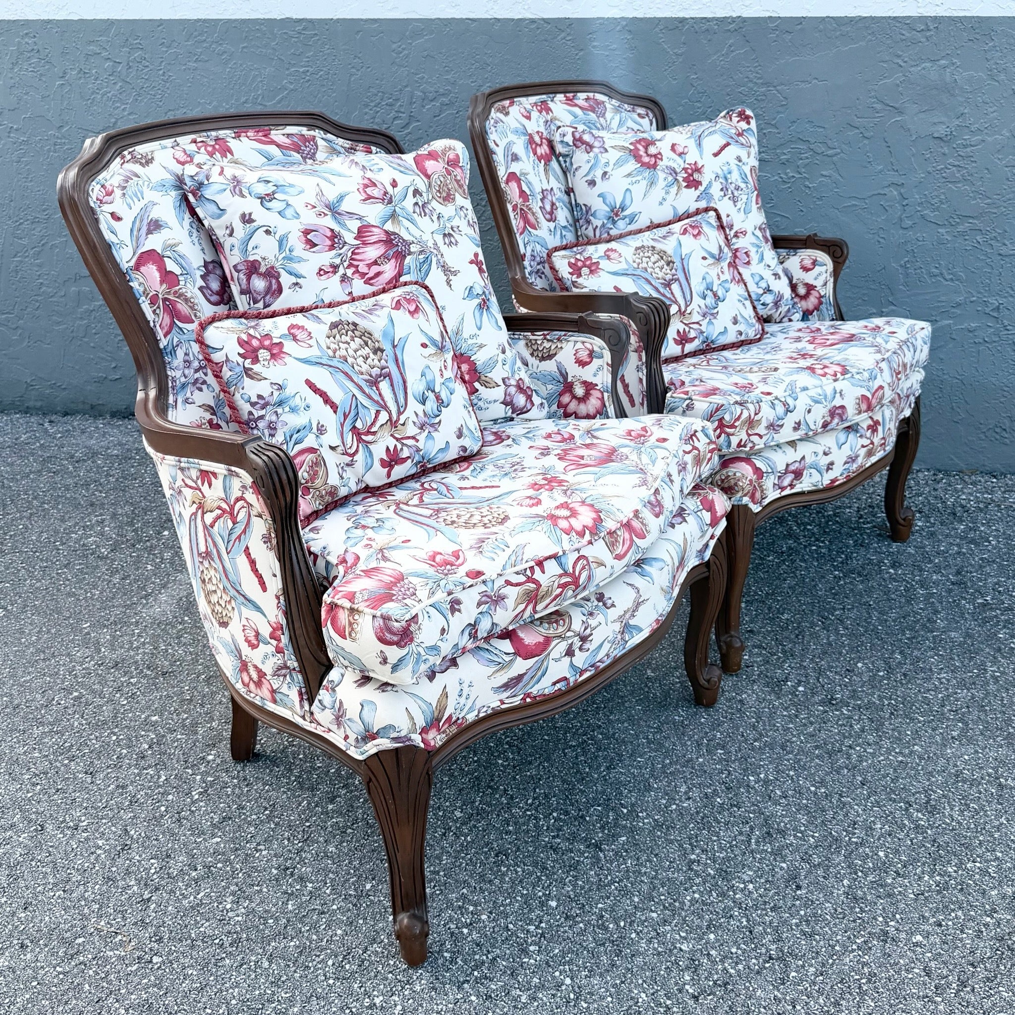 Vintage French Provincial Floral Upholstery Lounge Chairs - Pair Dolphin & Flamingo