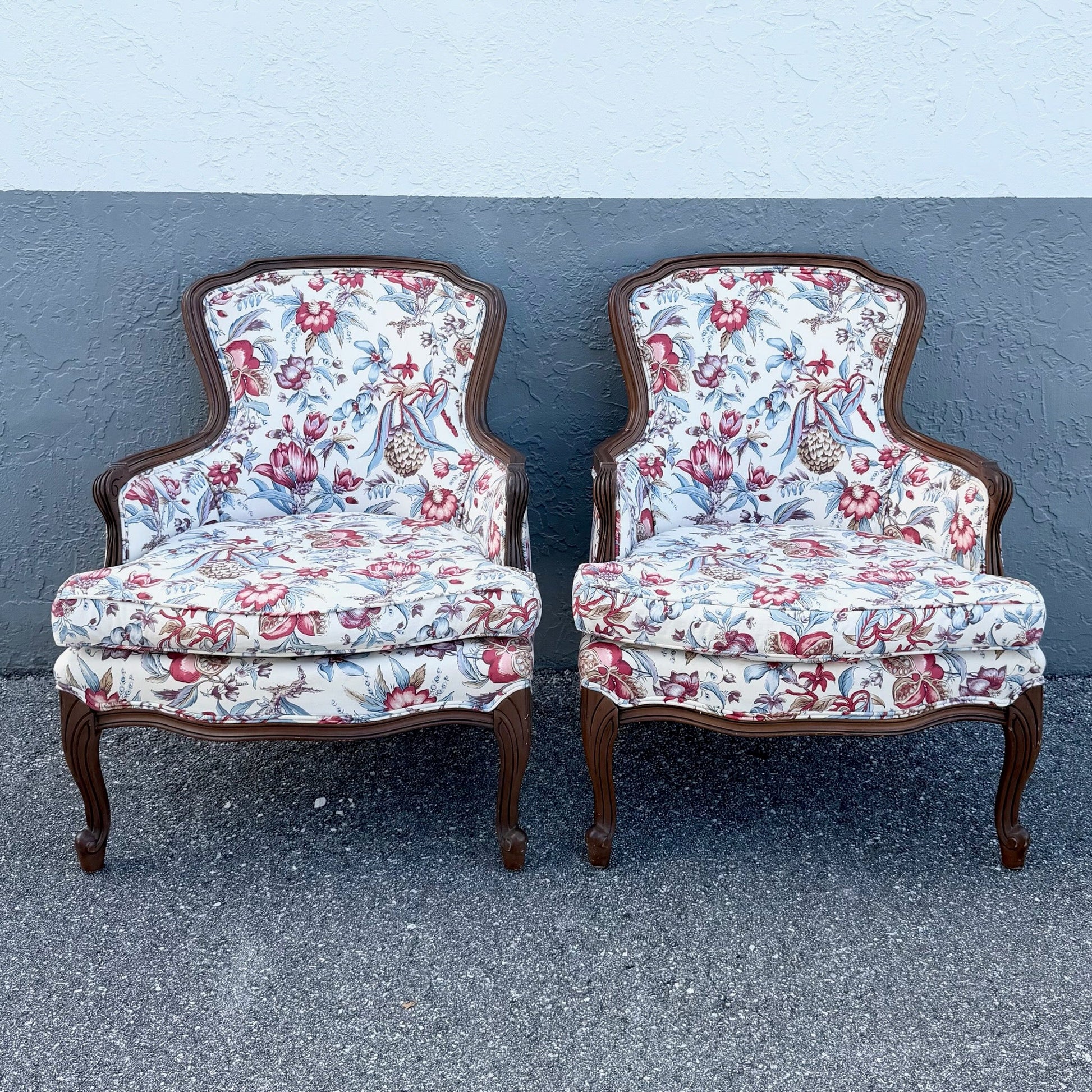Vintage French Provincial Floral Upholstery Lounge Chairs - Pair Dolphin & Flamingo