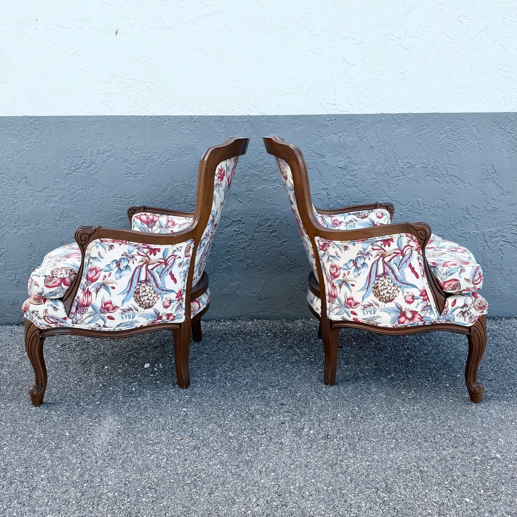 Vintage French Provincial Floral Upholstery Lounge Chairs - Pair Dolphin & Flamingo
