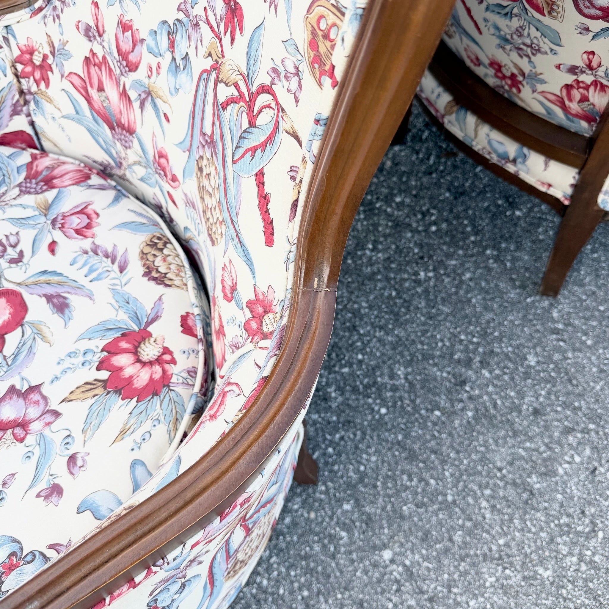 Vintage French Provincial Floral Upholstery Lounge Chairs - Pair Dolphin & Flamingo