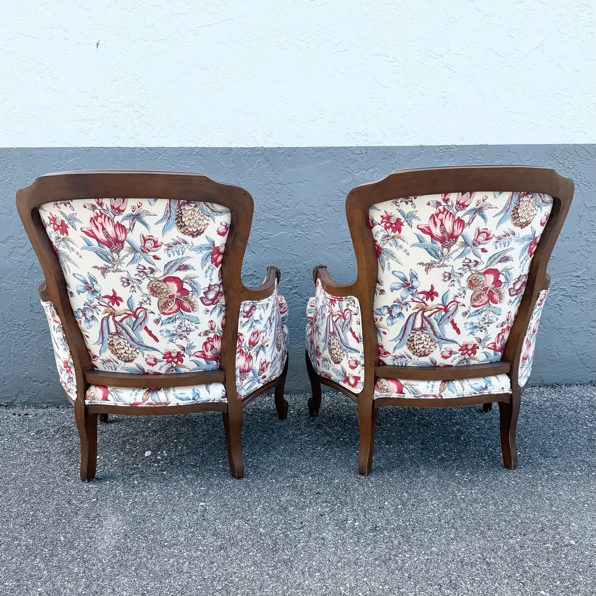 Vintage French Provincial Floral Upholstery Lounge Chairs - Pair Dolphin & Flamingo