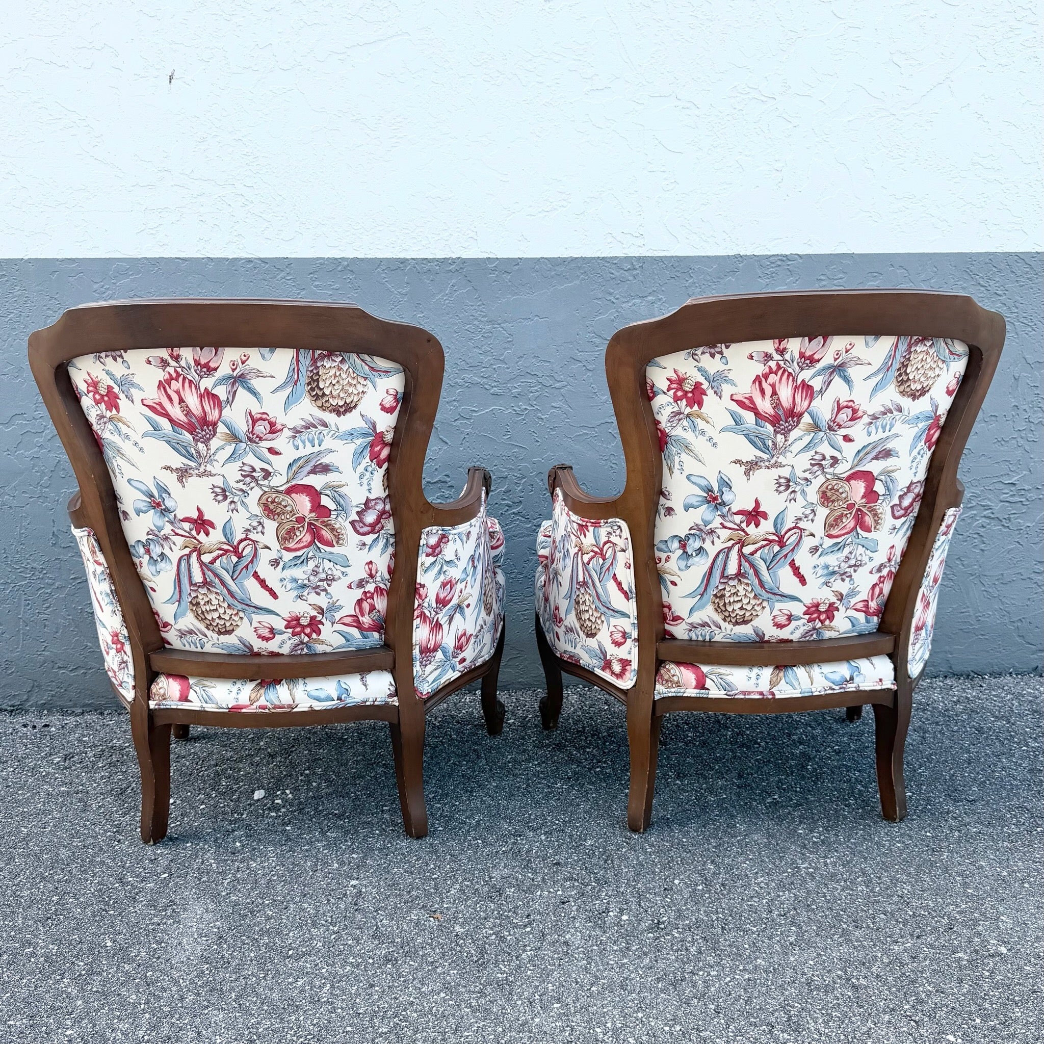 Vintage French Provincial Floral Upholstery Lounge Chairs - Pair Dolphin & Flamingo
