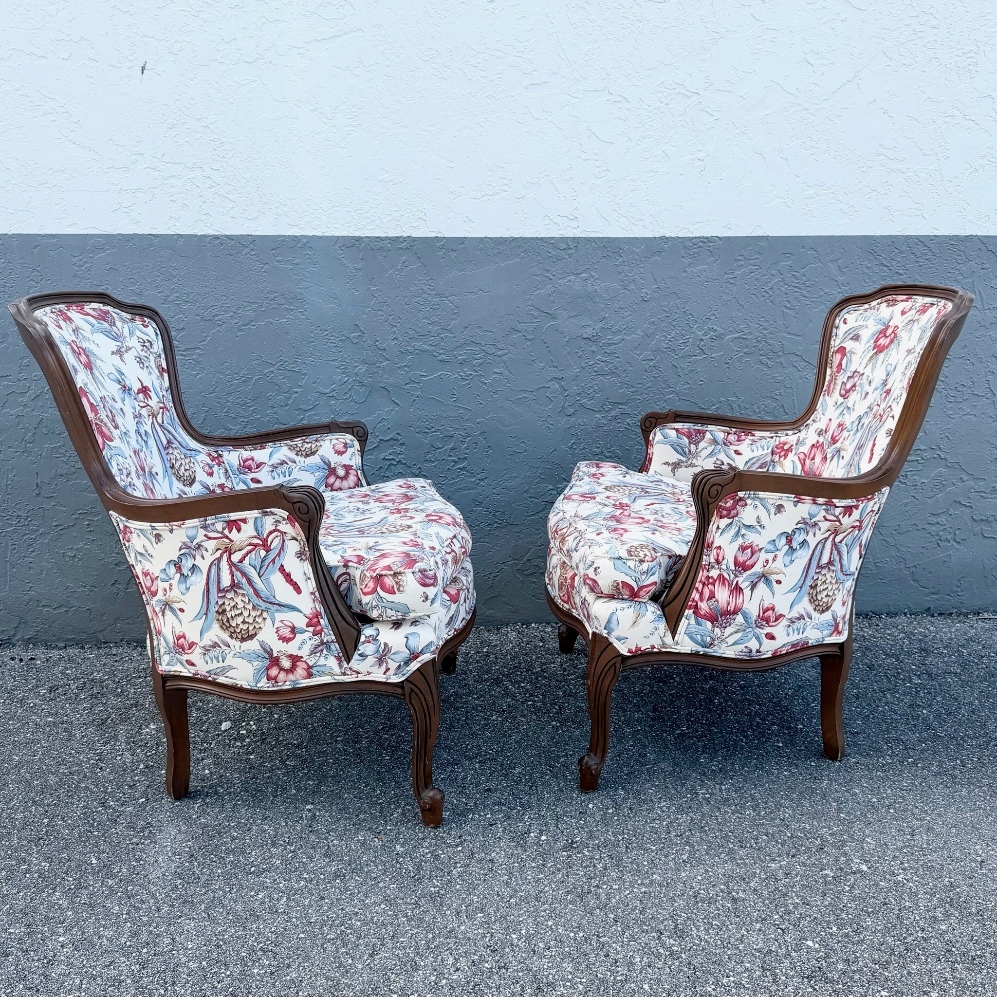 Vintage French Provincial Floral Upholstery Lounge Chairs - Pair Dolphin & Flamingo