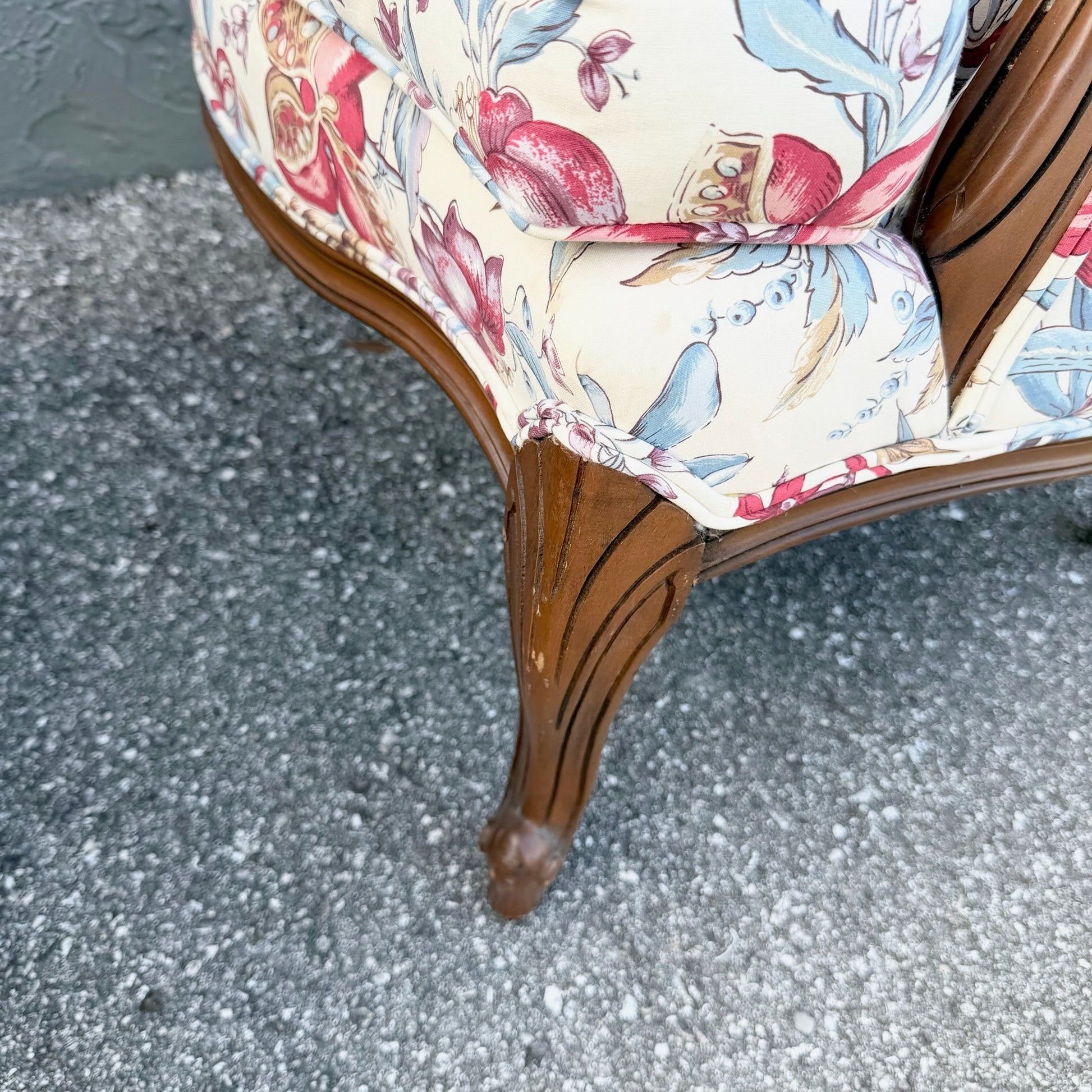 Vintage French Provincial Floral Upholstery Lounge Chairs - Pair Dolphin & Flamingo