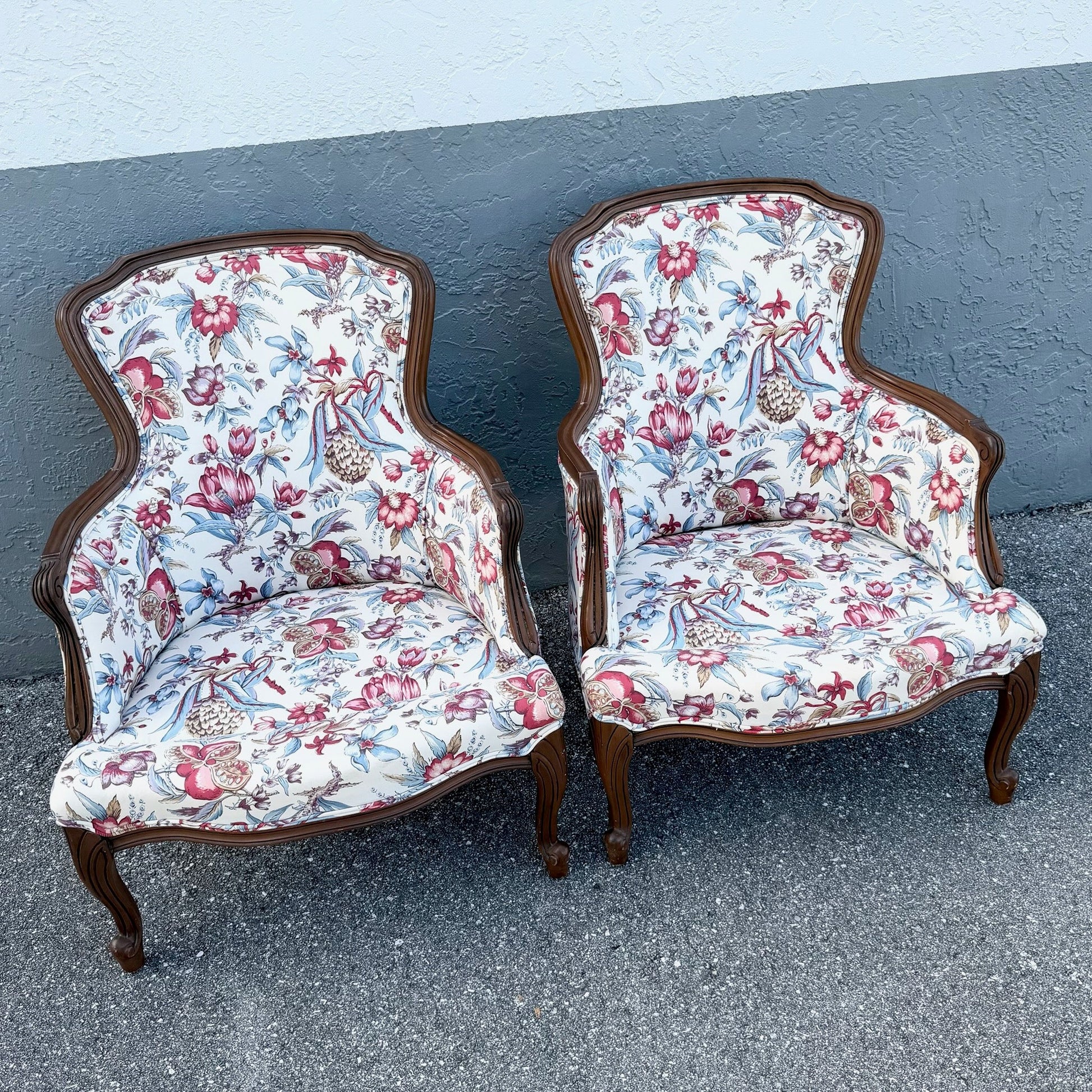 Vintage French Provincial Floral Upholstery Lounge Chairs - Pair Dolphin & Flamingo