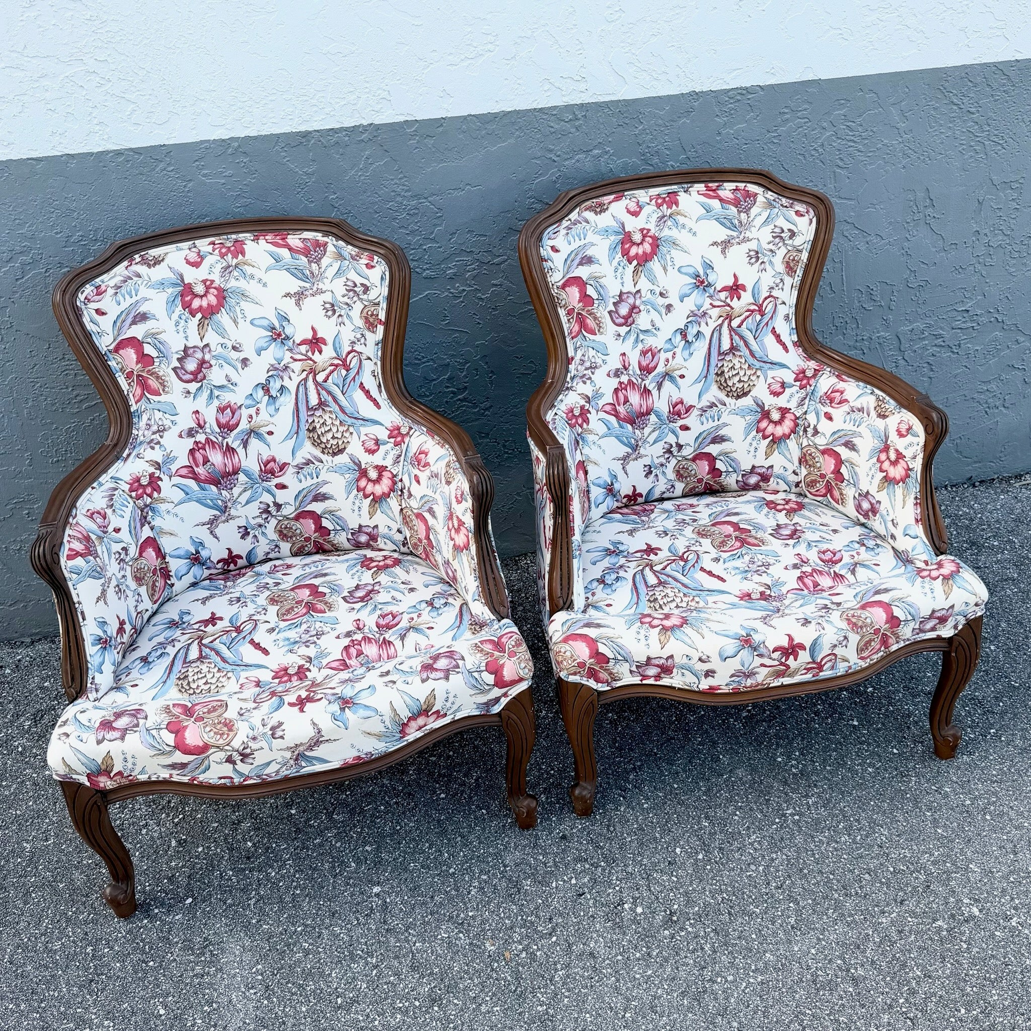 Vintage French Provincial Floral Upholstery Lounge Chairs - Pair Dolphin & Flamingo
