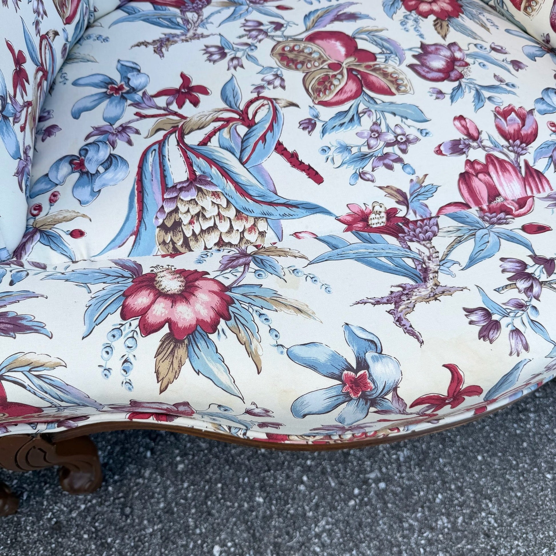Vintage French Provincial Floral Upholstery Lounge Chairs - Pair Dolphin & Flamingo