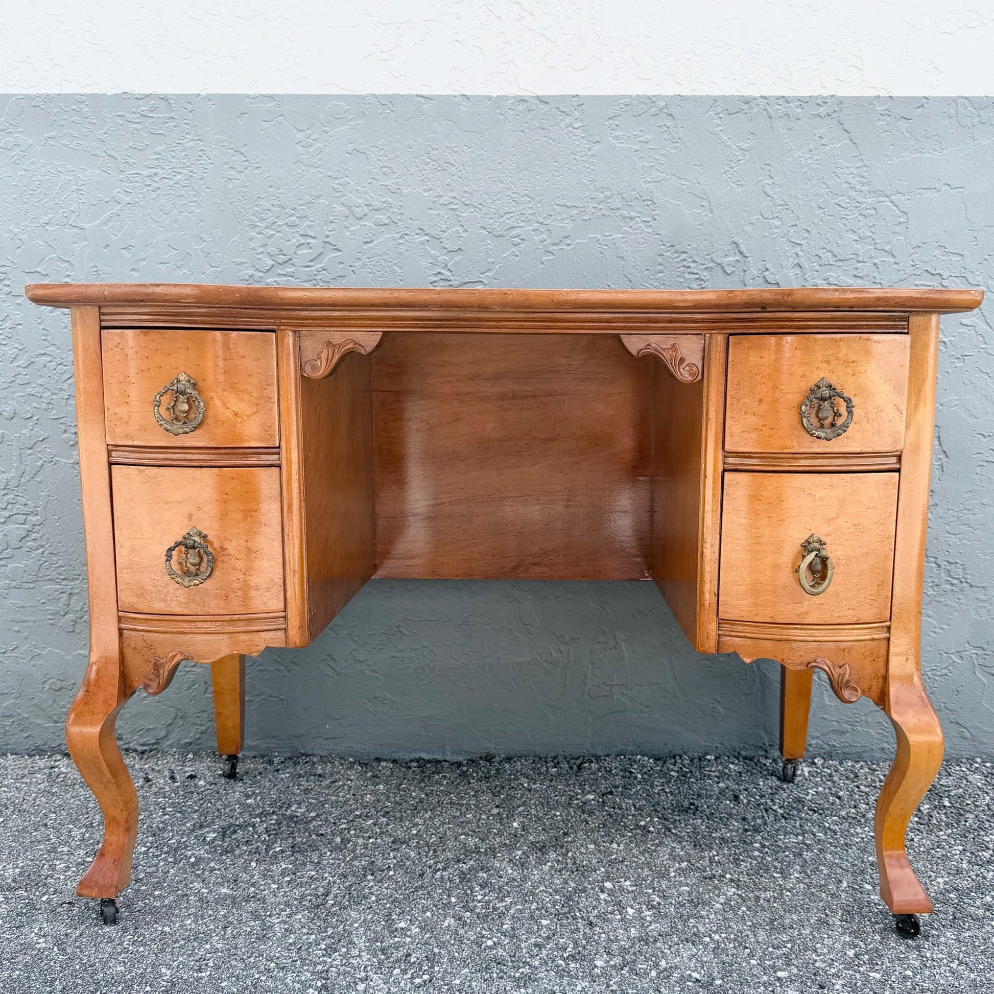 Antique Queen Anne Style Birds Eye Maple Vanity Low Desk Dolphin & Flamingo