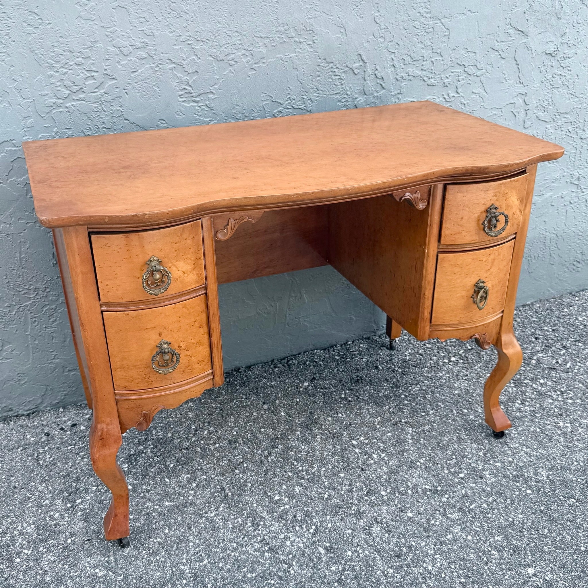 Antique Queen Anne Style Birds Eye Maple Vanity Low Desk Dolphin & Flamingo