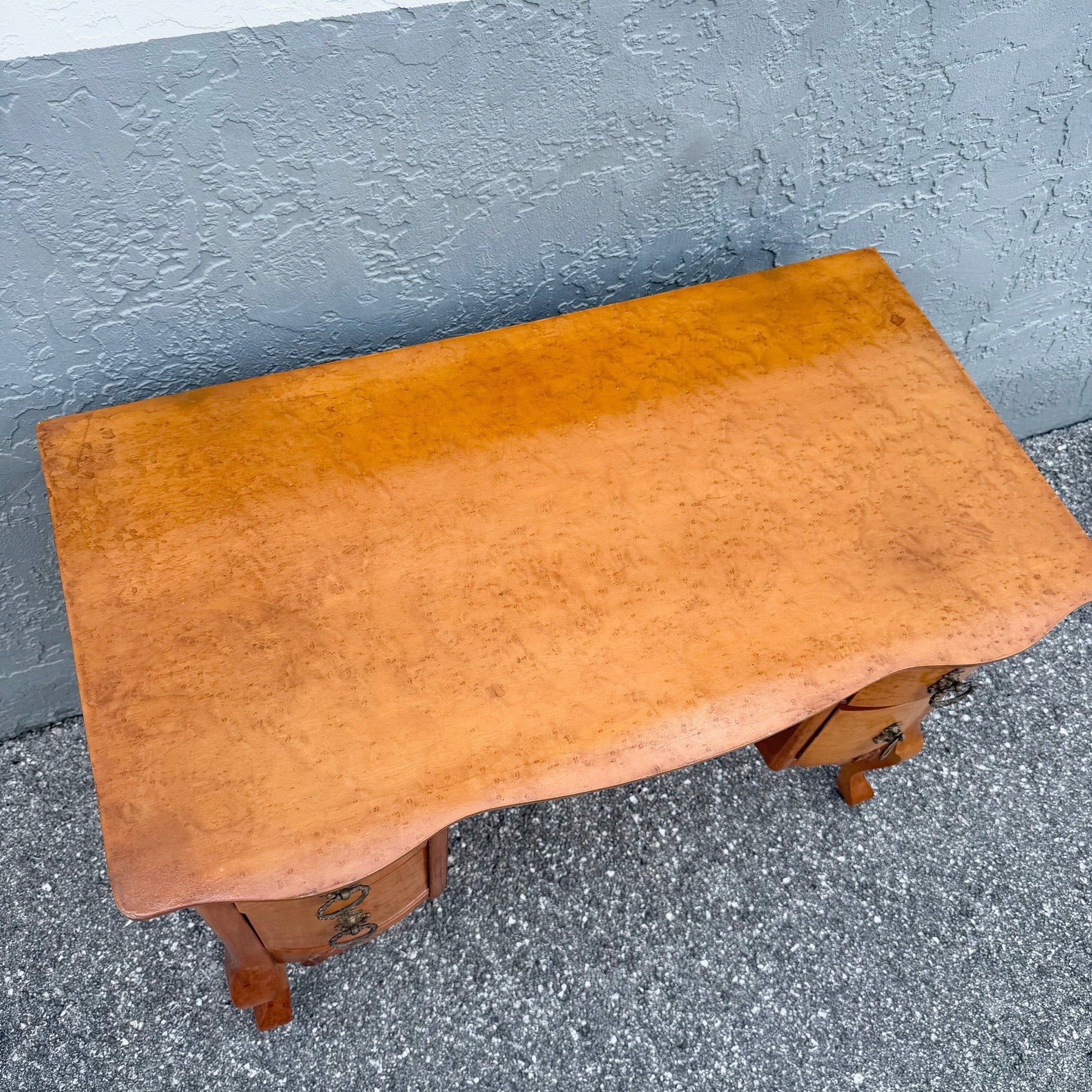 Antique Queen Anne Style Birds Eye Maple Vanity Low Desk Dolphin & Flamingo