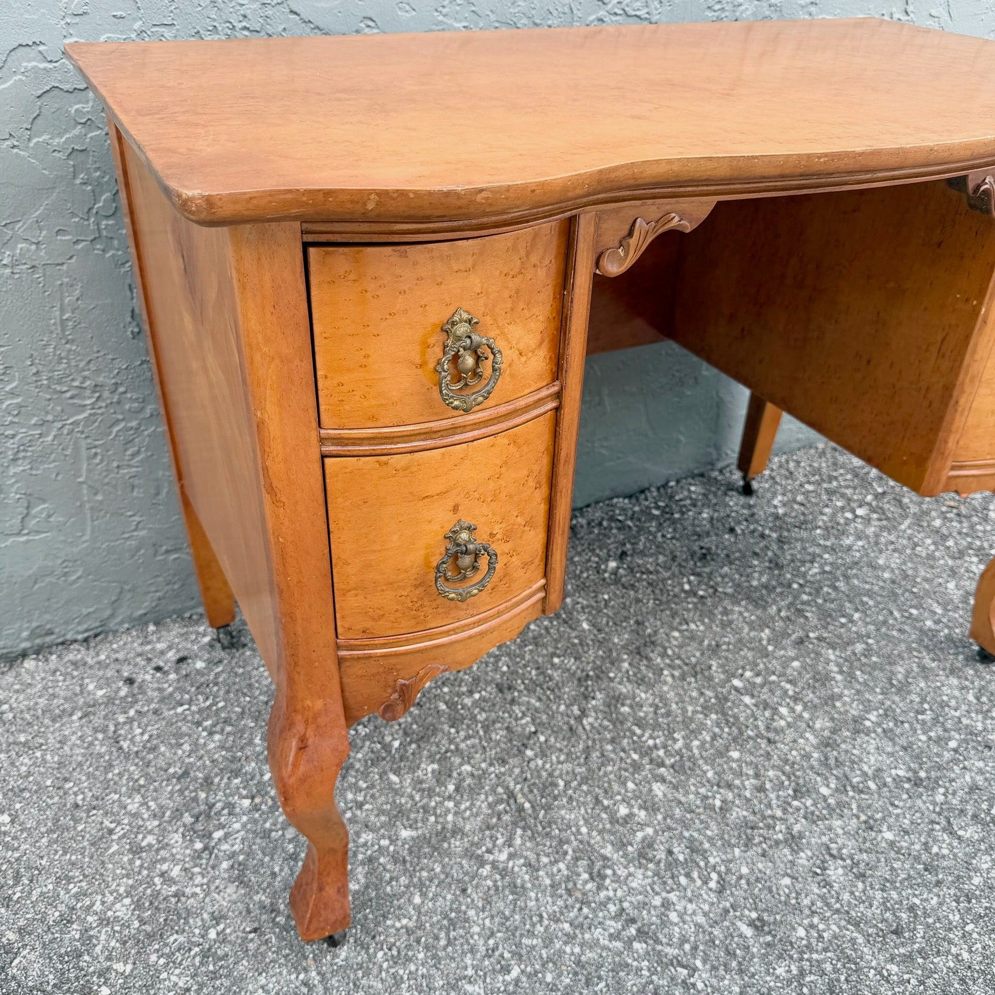 Antique Queen Anne Style Birds Eye Maple Vanity Low Desk Dolphin & Flamingo