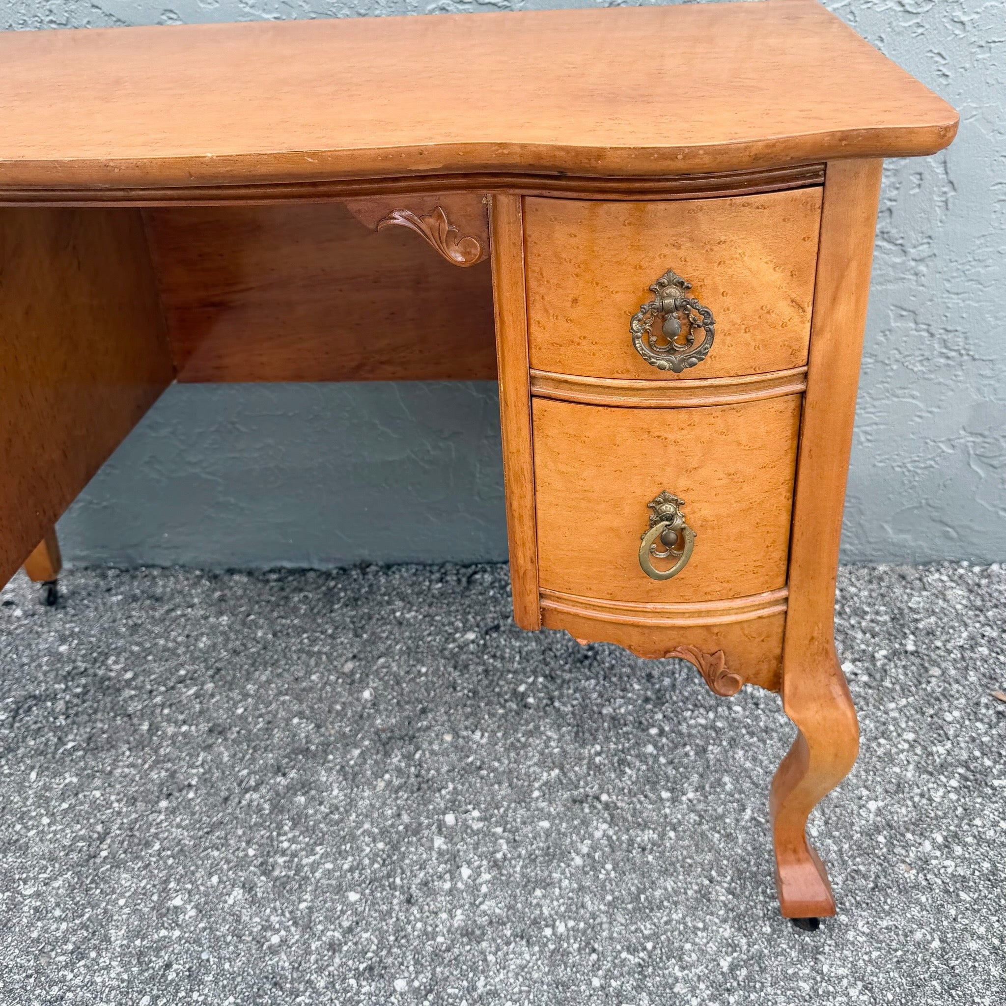 Antique Queen Anne Style Birds Eye Maple Vanity Low Desk Dolphin & Flamingo