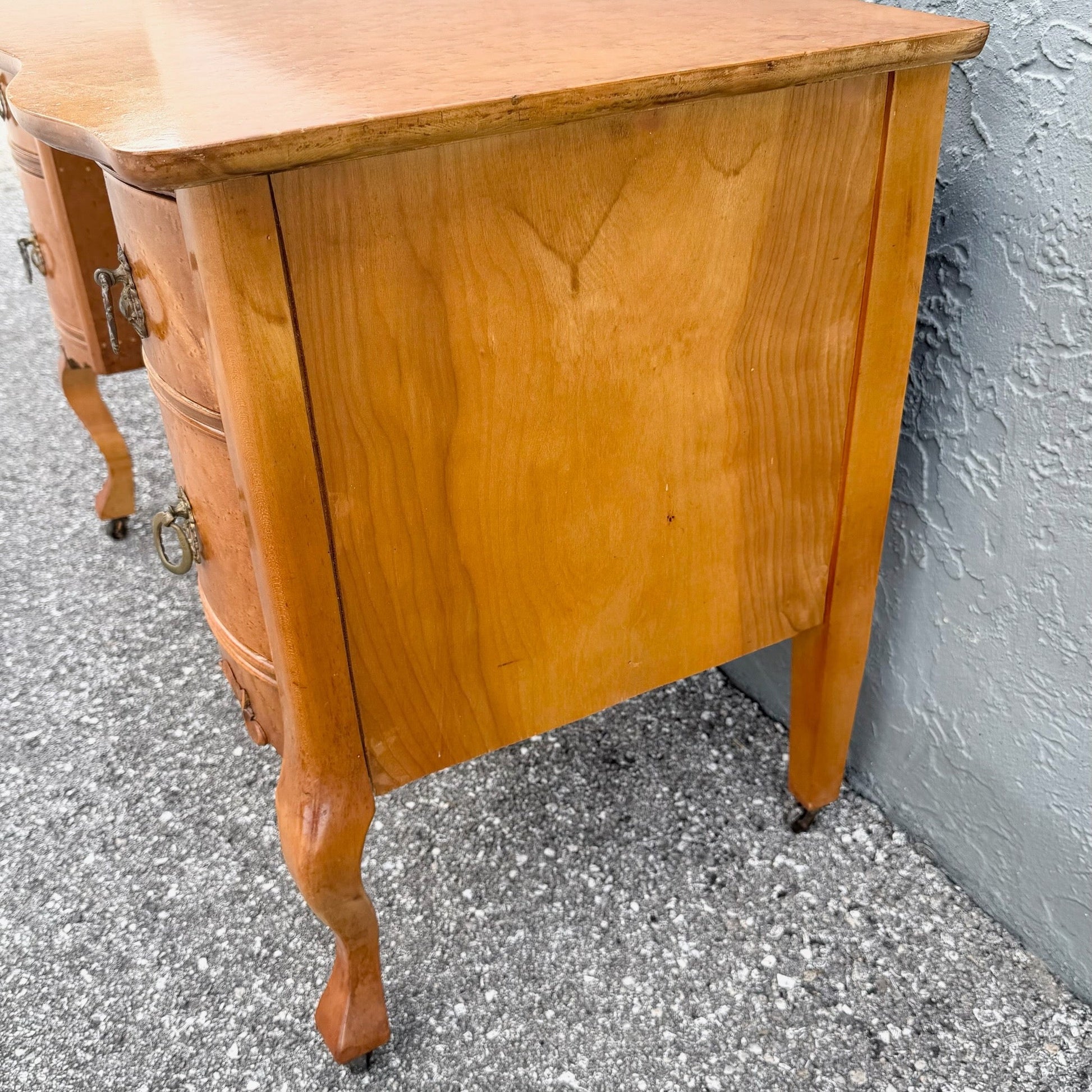 Antique Queen Anne Style Birds Eye Maple Vanity Low Desk Dolphin & Flamingo