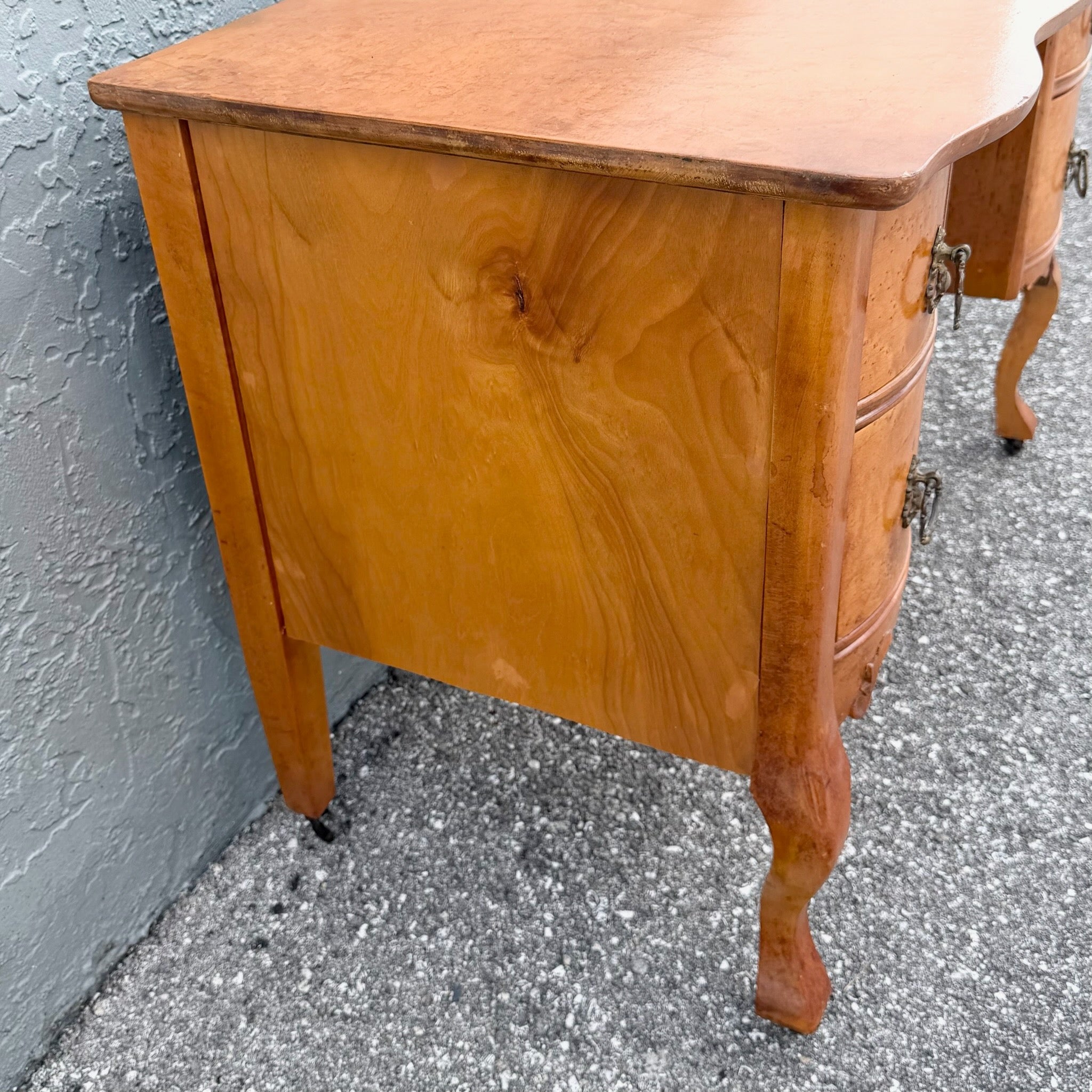 Antique Queen Anne Style Birds Eye Maple Vanity Low Desk Dolphin & Flamingo