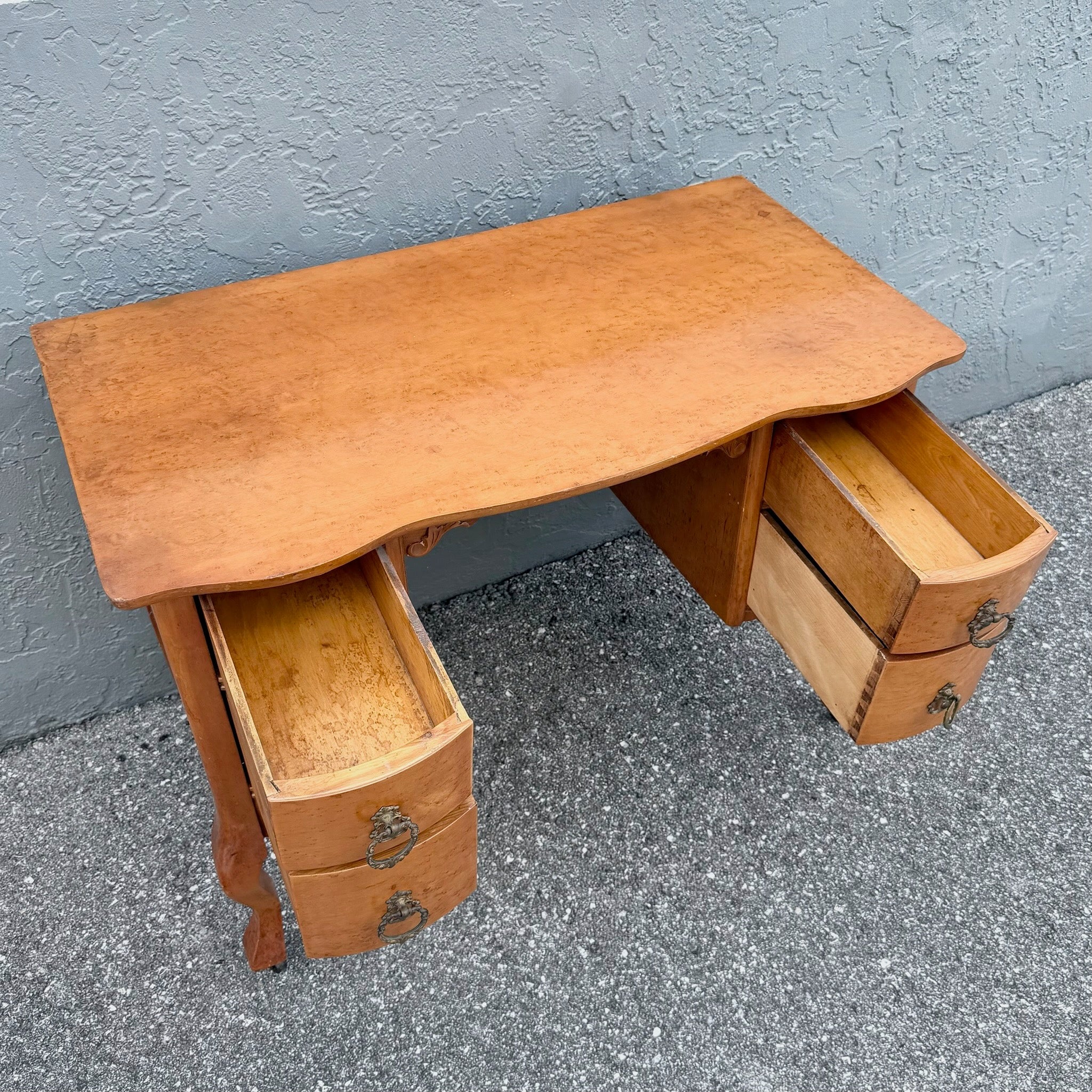 Antique Queen Anne Style Birds Eye Maple Vanity Low Desk Dolphin & Flamingo