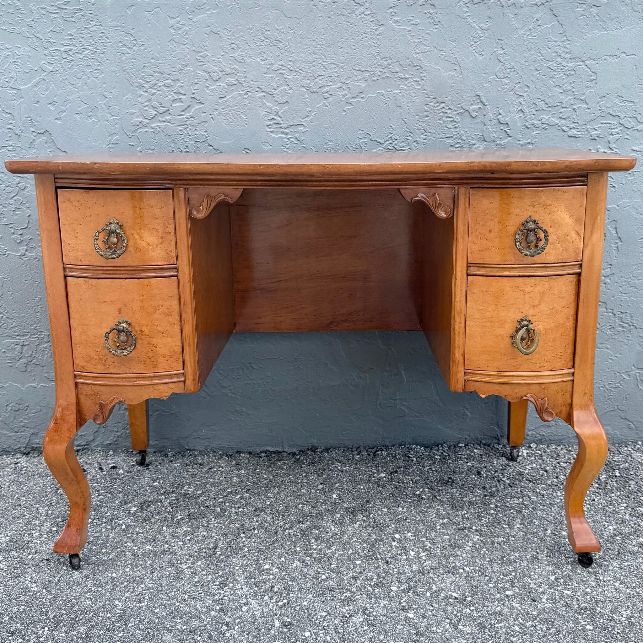 Antique Queen Anne Style Birds Eye Maple Vanity Low Desk Dolphin & Flamingo