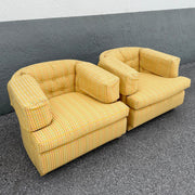 Vintage Mid Century Yellow Tufted Swivel Barrell Chairs With Pink Purple and Blue Stripes - A Pair Dolphin & Flamingo