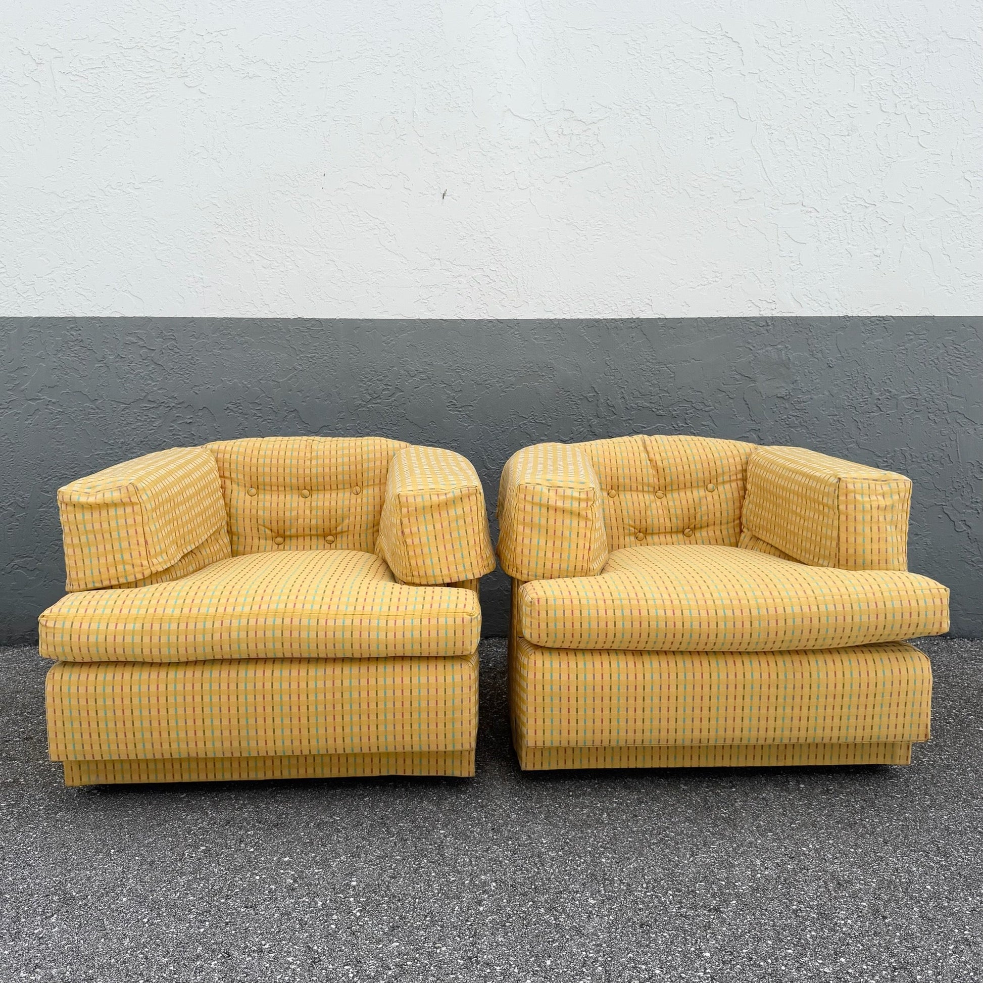 Vintage Mid Century Yellow Tufted Swivel Barrell Chairs With Pink Purple and Blue Stripes - A Pair Dolphin & Flamingo