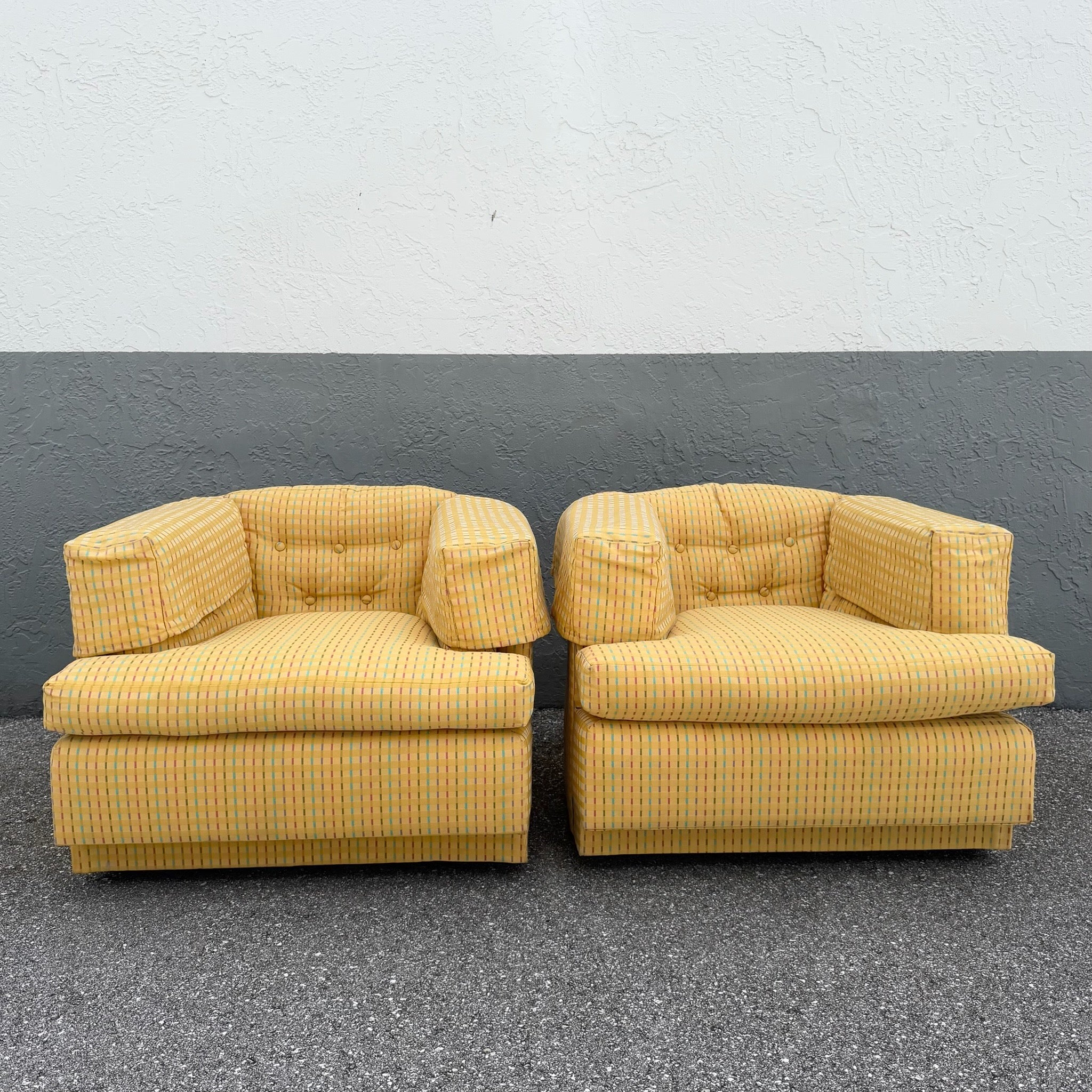 Vintage Mid Century Yellow Tufted Swivel Barrell Chairs With Pink Purple and Blue Stripes - A Pair Dolphin & Flamingo