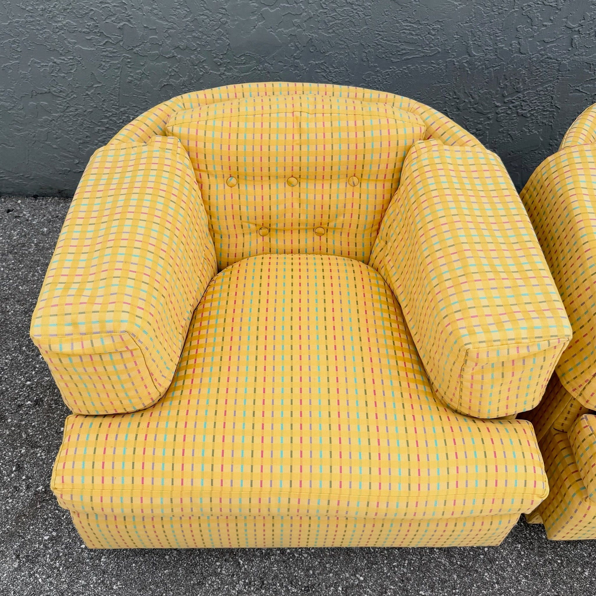 Vintage Mid Century Yellow Tufted Swivel Barrell Chairs With Pink Purple and Blue Stripes - A Pair Dolphin & Flamingo