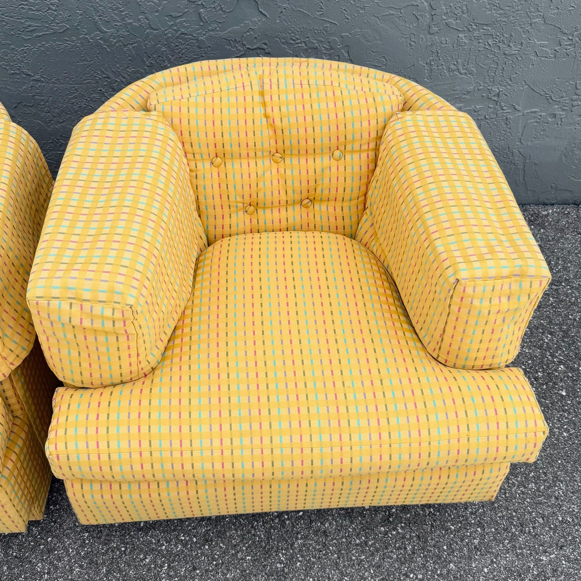 Vintage Mid Century Yellow Tufted Swivel Barrell Chairs With Pink Purple and Blue Stripes - A Pair Dolphin & Flamingo