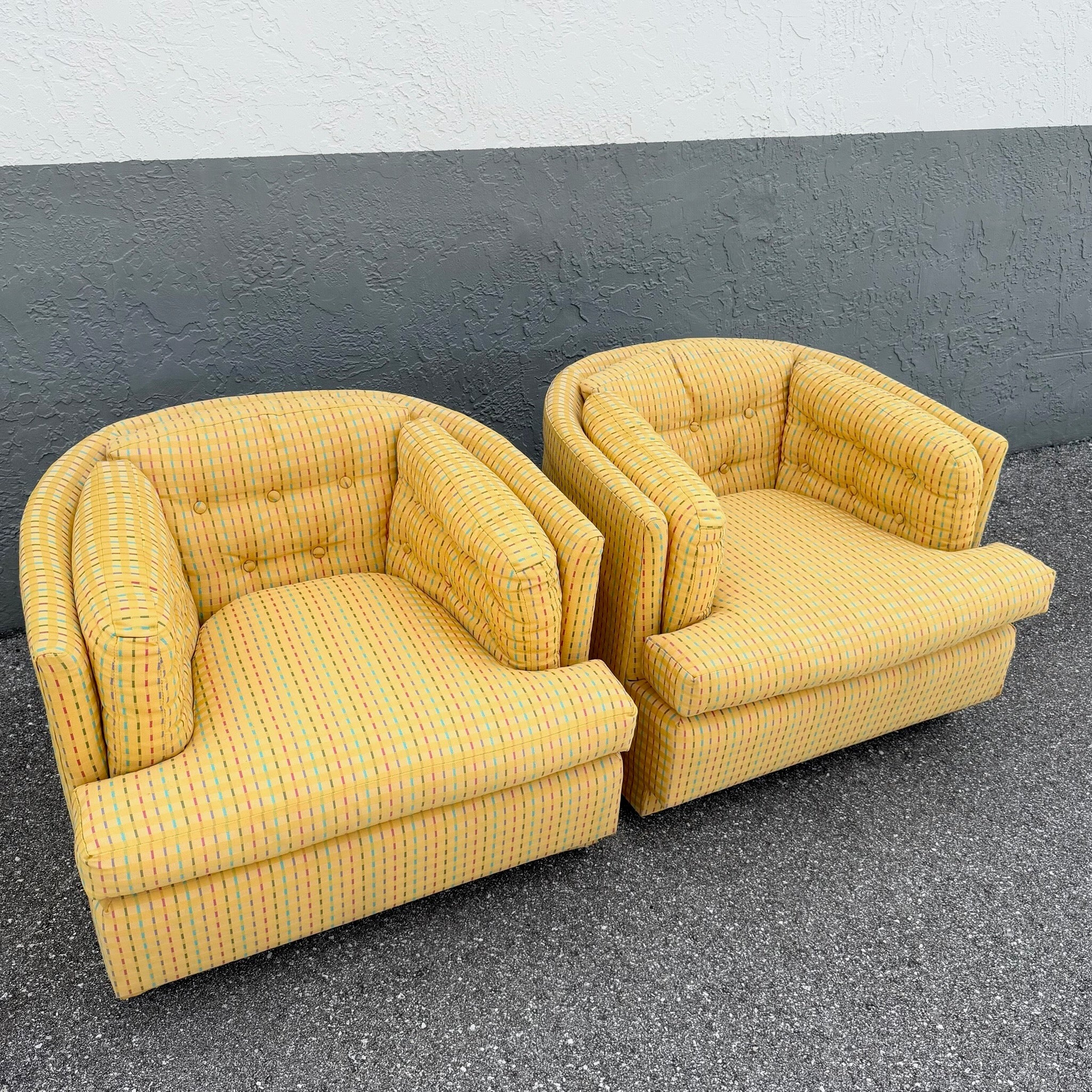 Vintage Mid Century Yellow Tufted Swivel Barrell Chairs With Pink Purple and Blue Stripes - A Pair Dolphin & Flamingo