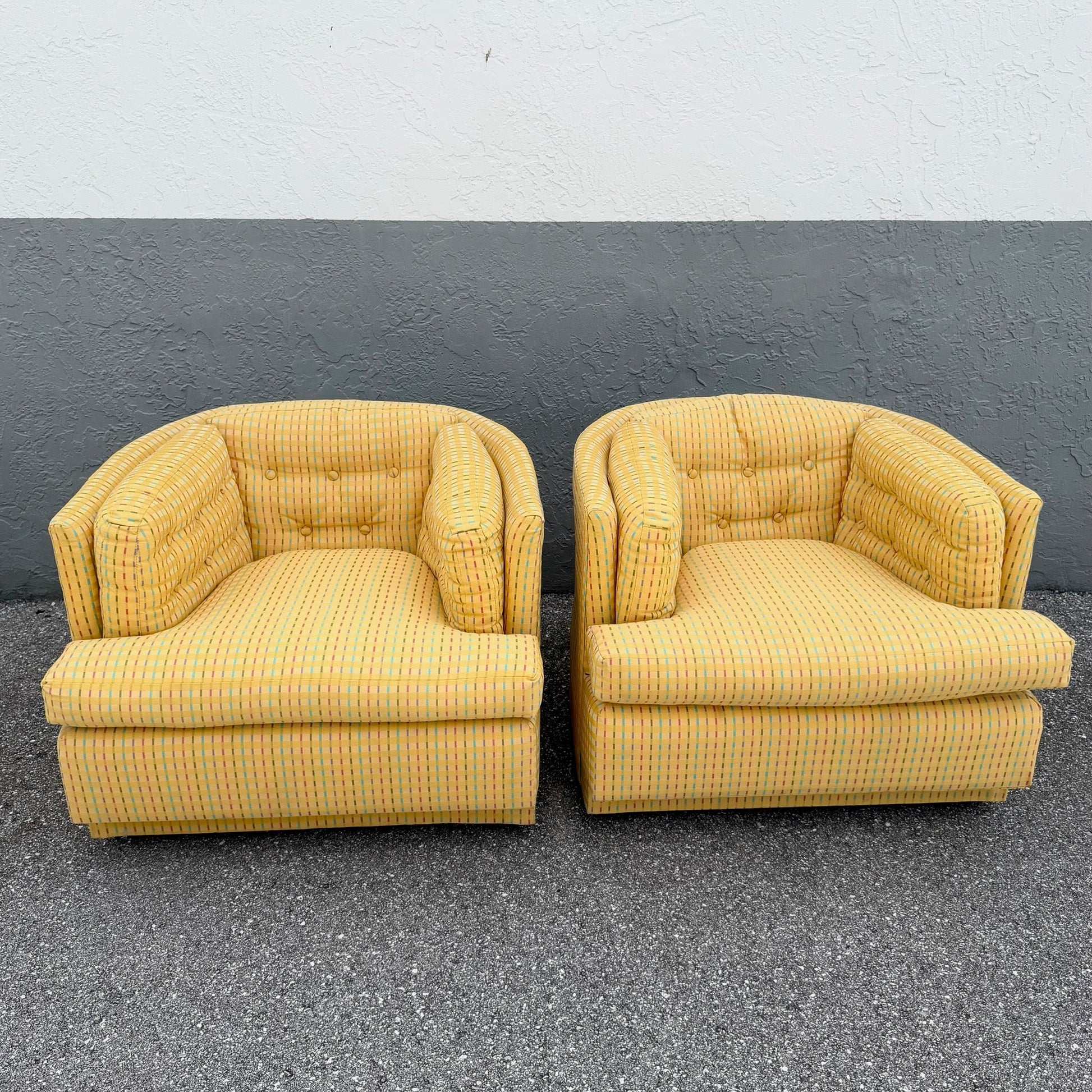 Vintage Mid Century Yellow Tufted Swivel Barrell Chairs With Pink Purple and Blue Stripes - A Pair Dolphin & Flamingo