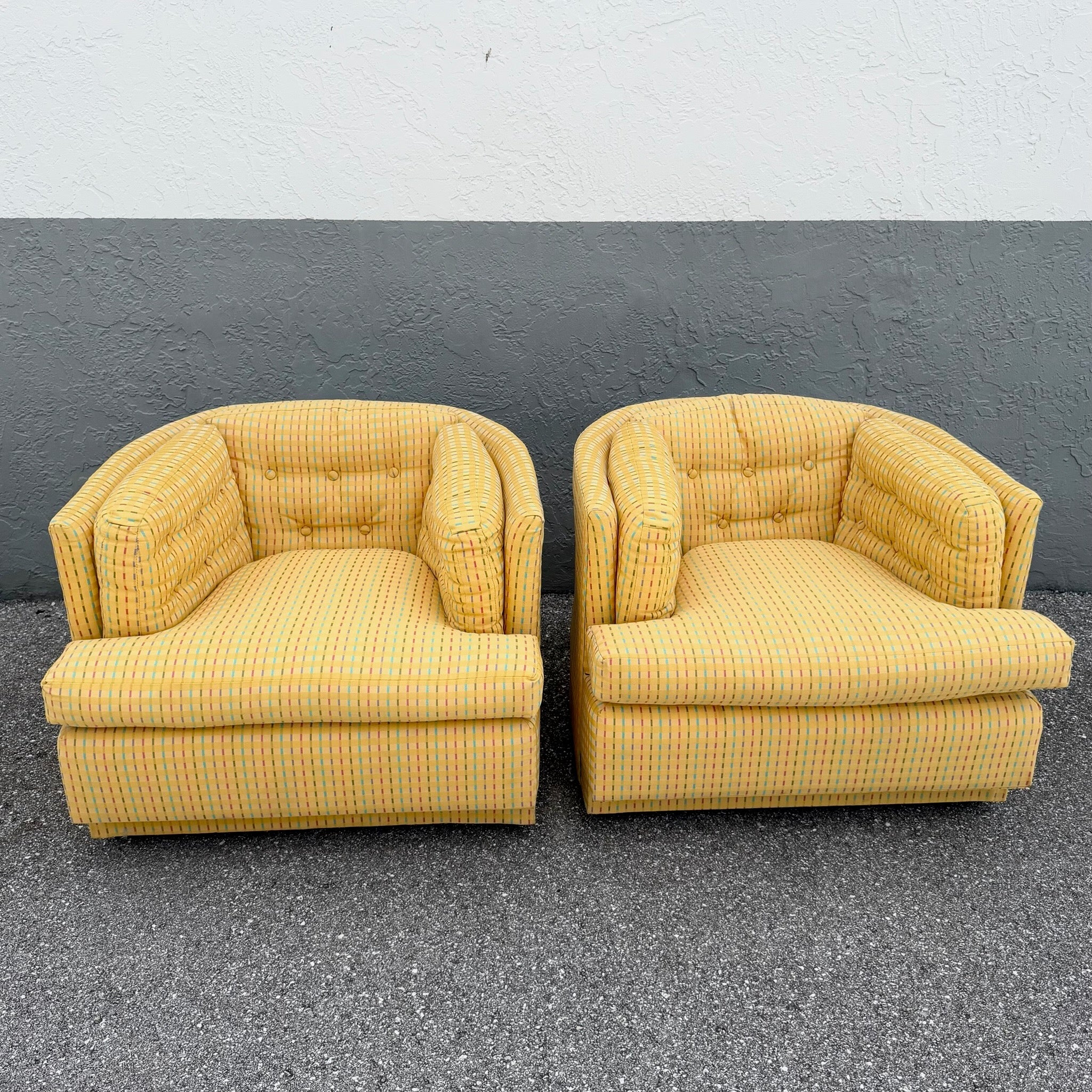 Vintage Mid Century Yellow Tufted Swivel Barrell Chairs With Pink Purple and Blue Stripes - A Pair Dolphin & Flamingo