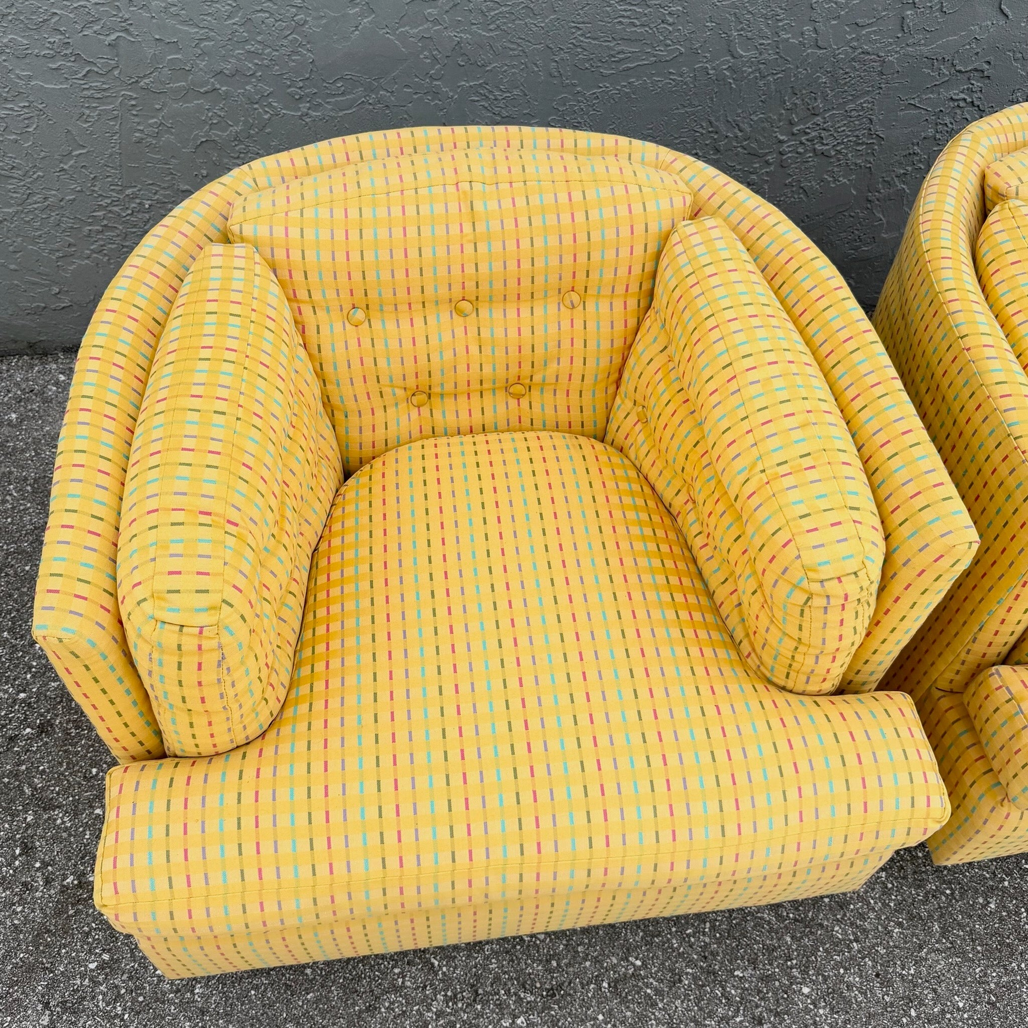Vintage Mid Century Yellow Tufted Swivel Barrell Chairs With Pink Purple and Blue Stripes - A Pair Dolphin & Flamingo
