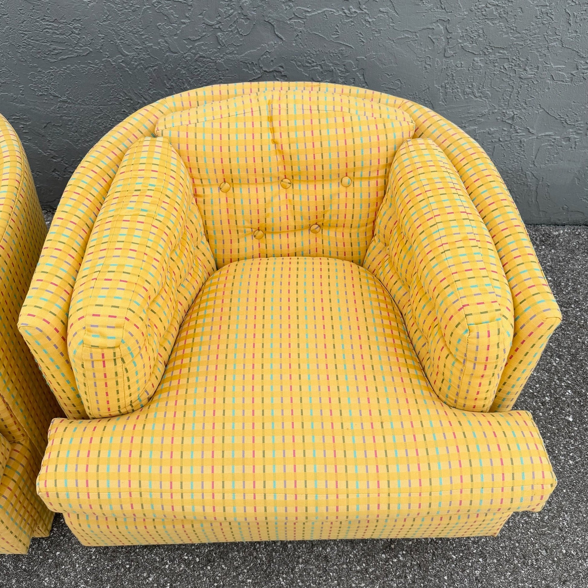Vintage Mid Century Yellow Tufted Swivel Barrell Chairs With Pink Purple and Blue Stripes - A Pair Dolphin & Flamingo