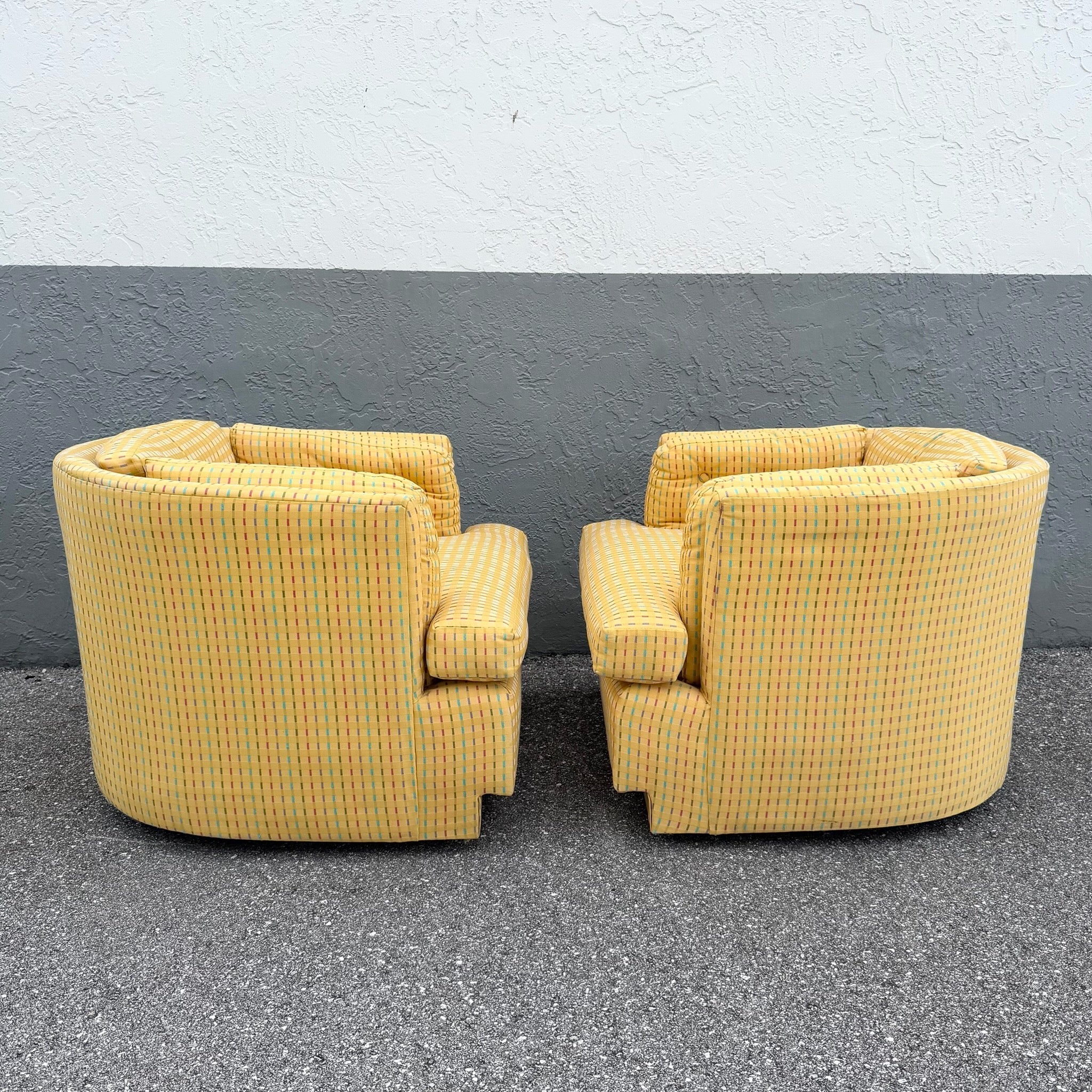 Vintage Mid Century Yellow Tufted Swivel Barrell Chairs With Pink Purple and Blue Stripes - A Pair Dolphin & Flamingo