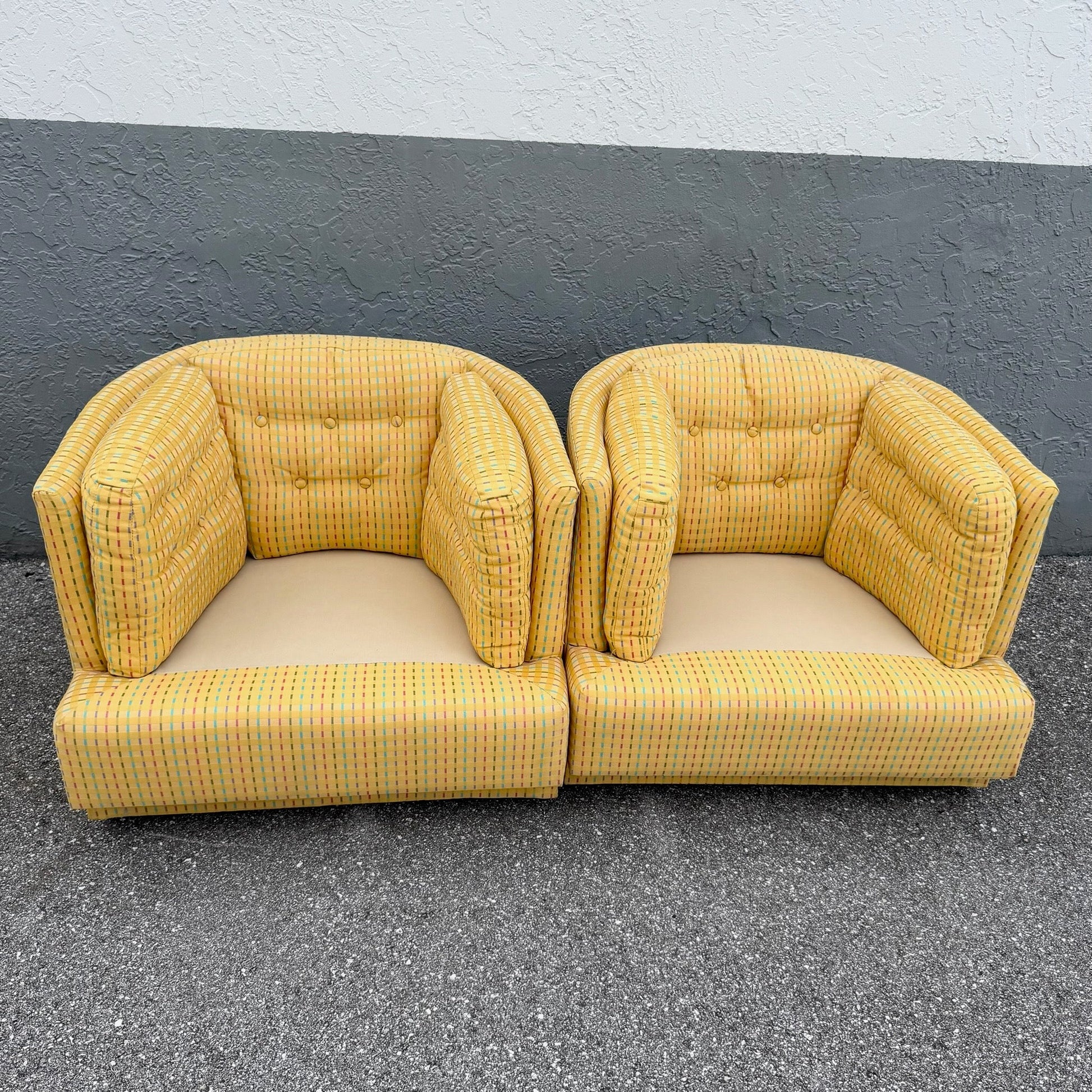 Vintage Mid Century Yellow Tufted Swivel Barrell Chairs With Pink Purple and Blue Stripes - A Pair Dolphin & Flamingo