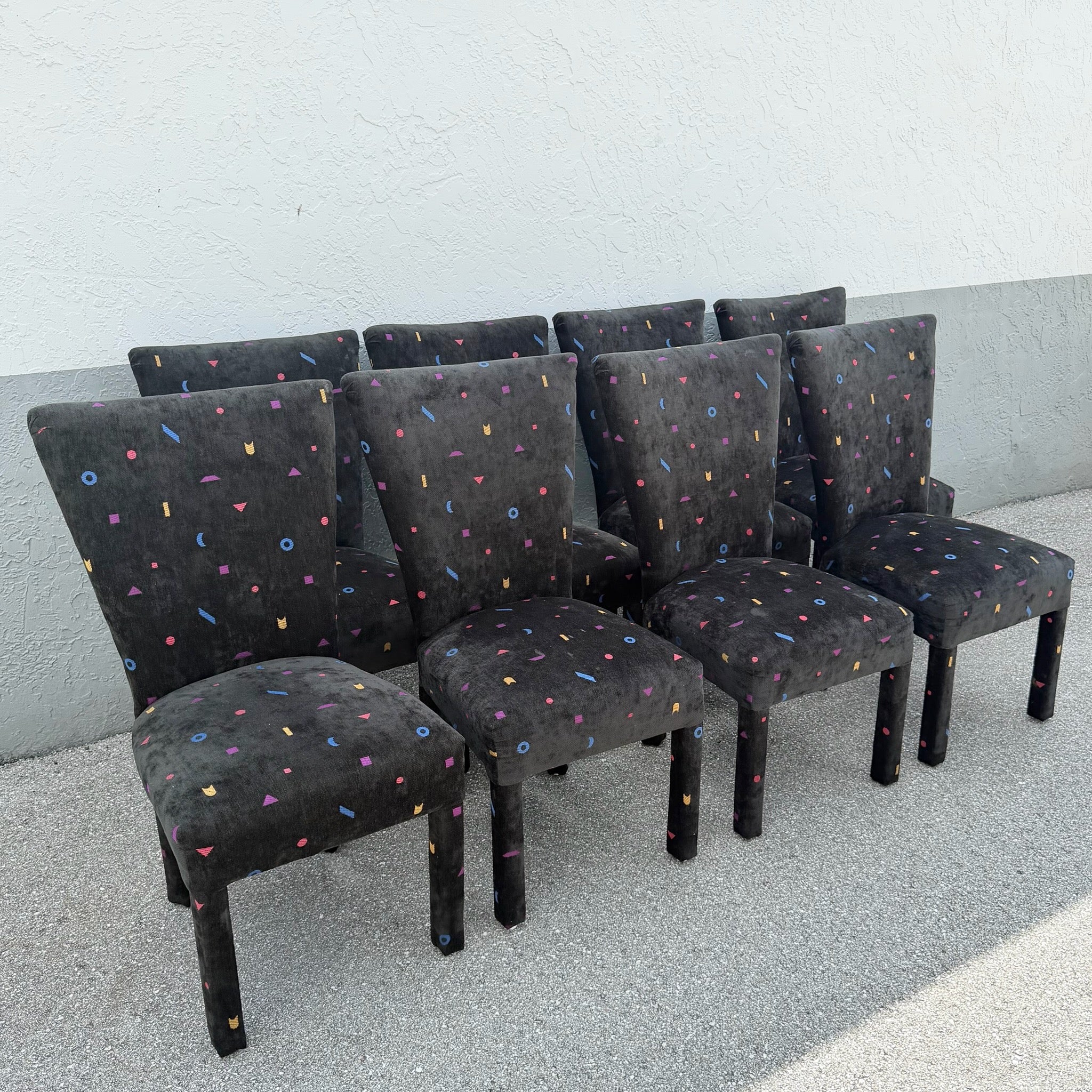 Vintage Postmodern Black Fabric Dining Chairs With Multi Color Shapes - Set of 8 Dolphin & Flamingo