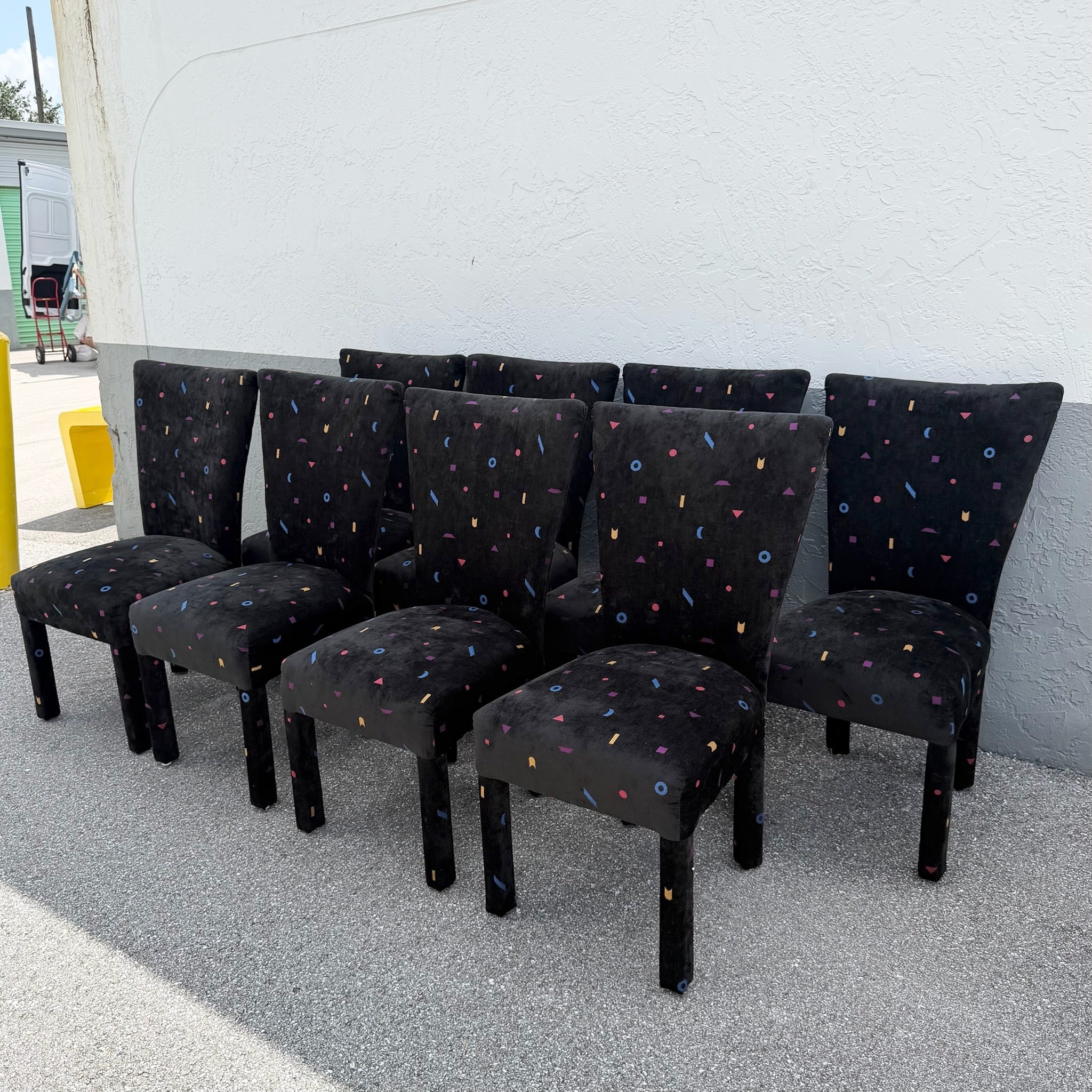 Vintage Postmodern Black Fabric Dining Chairs With Multi Color Shapes - Set of 8 Dolphin & Flamingo