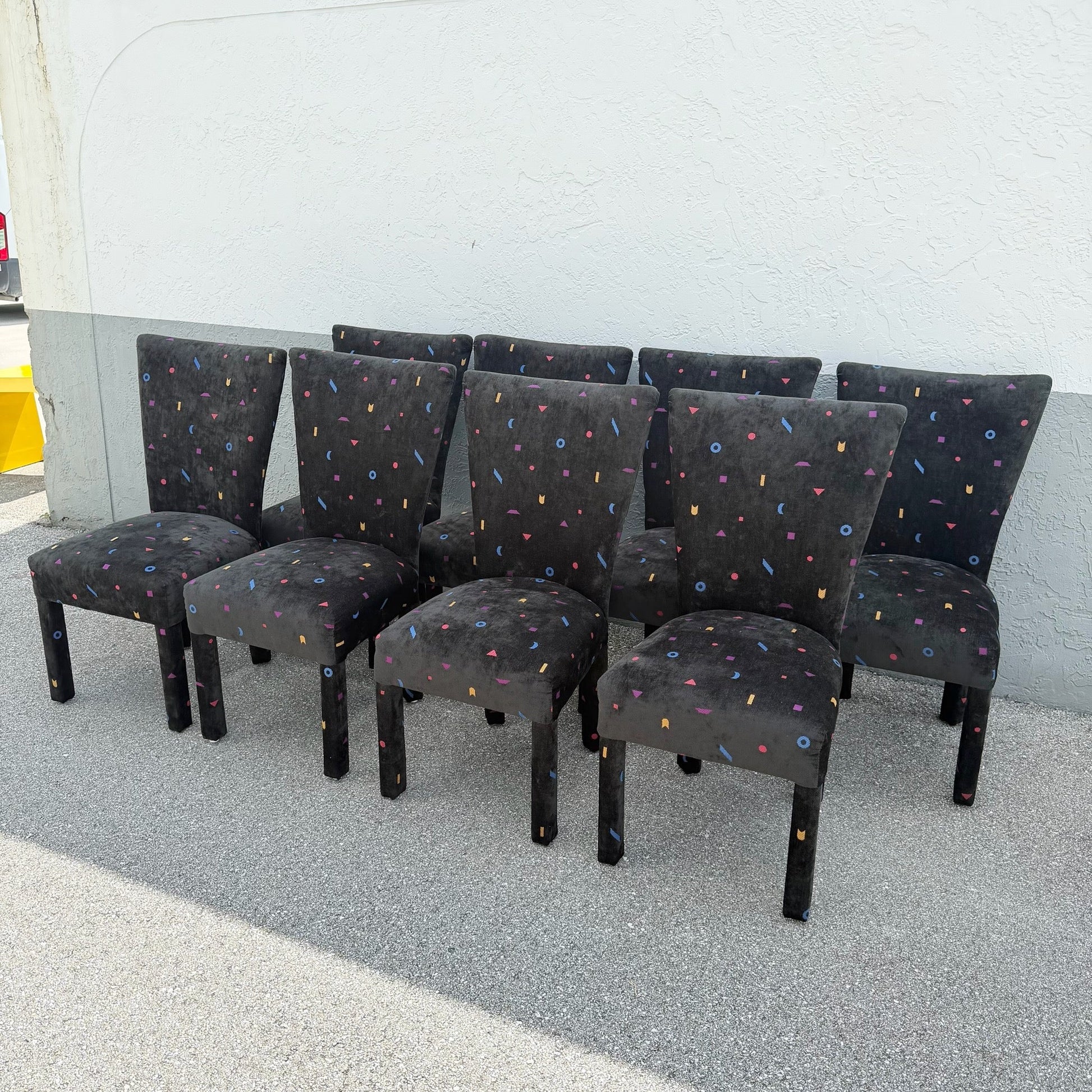 Vintage Postmodern Black Fabric Dining Chairs With Multi Color Shapes - Set of 8 Dolphin & Flamingo