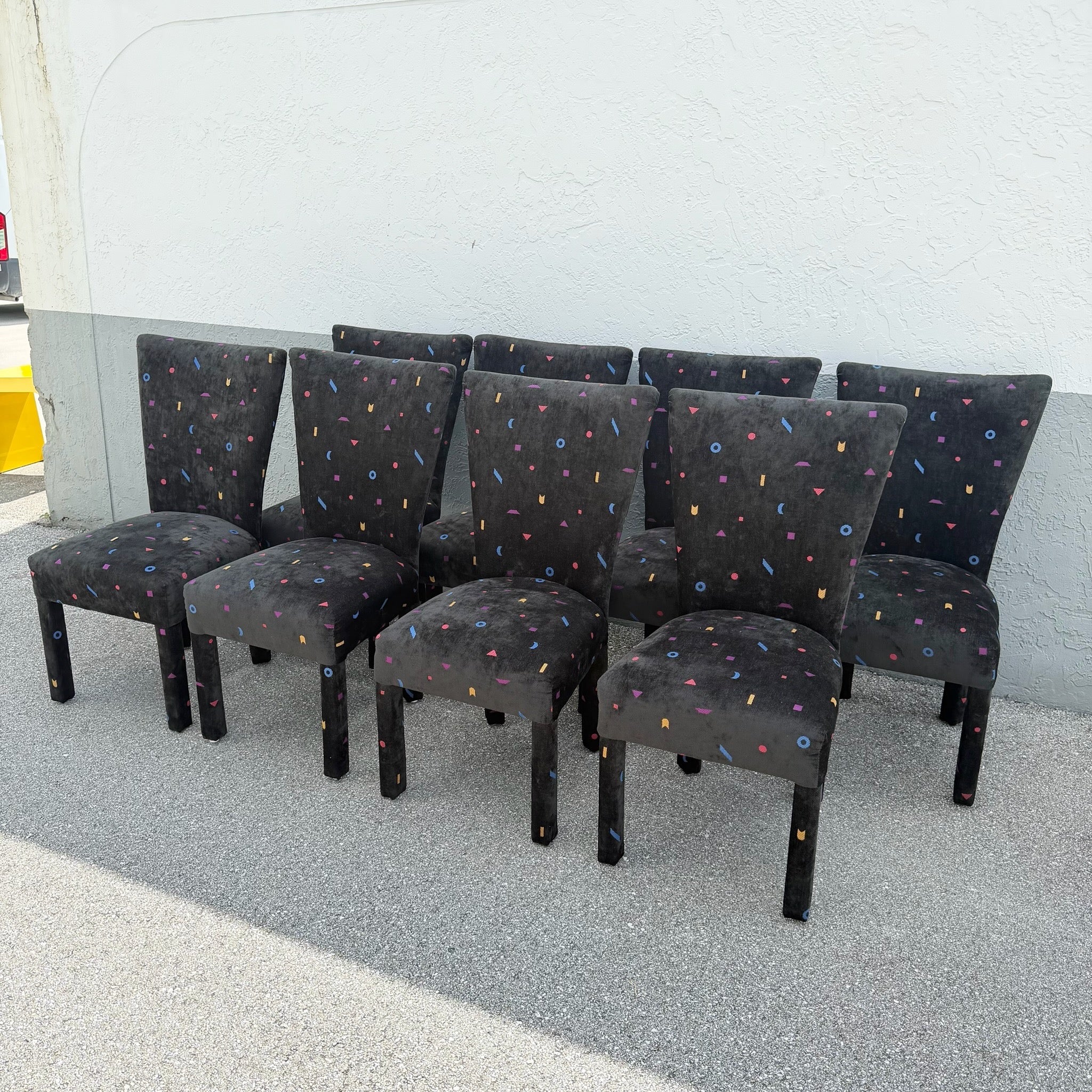 Vintage Postmodern Black Fabric Dining Chairs With Multi Color Shapes - Set of 8 Dolphin & Flamingo