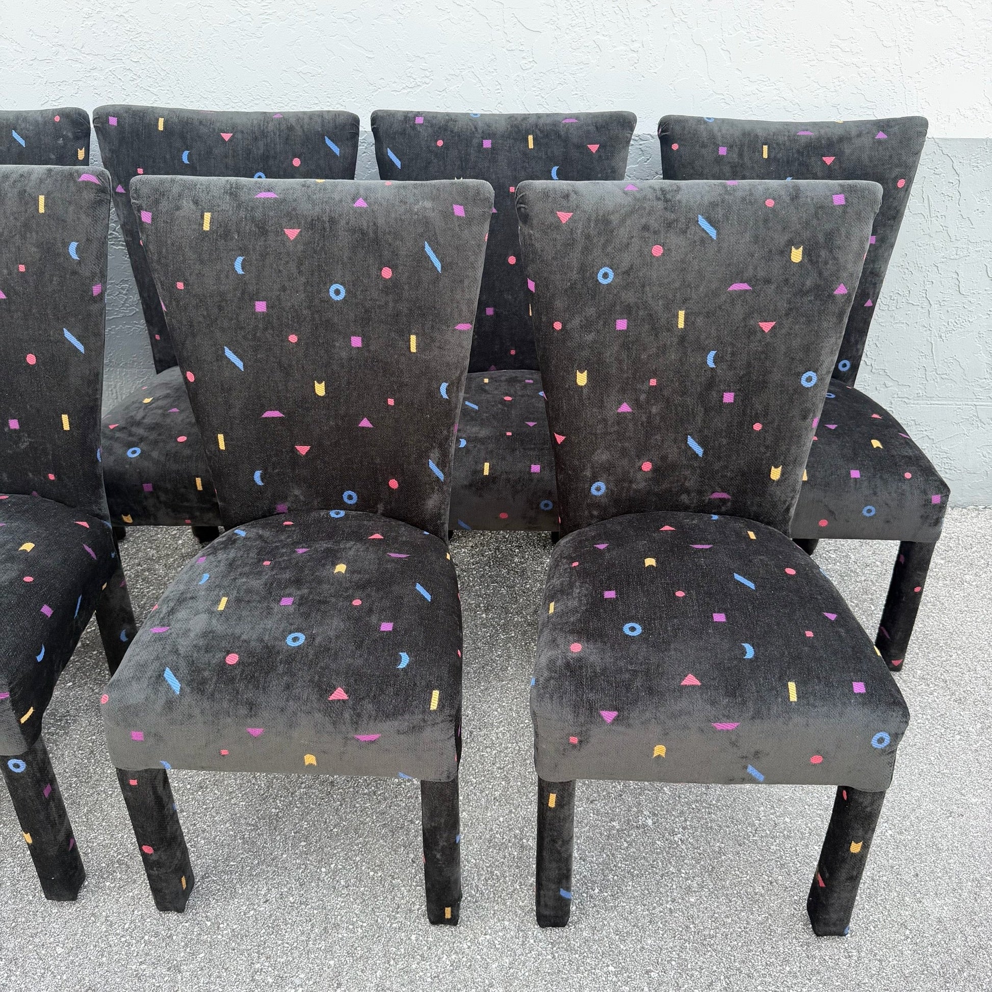 Vintage Postmodern Black Fabric Dining Chairs With Multi Color Shapes - Set of 8 Dolphin & Flamingo