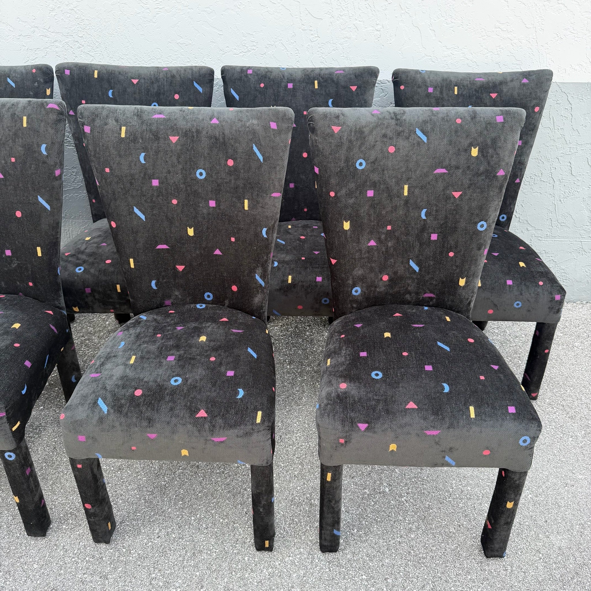 Vintage Postmodern Black Fabric Dining Chairs With Multi Color Shapes - Set of 8 Dolphin & Flamingo