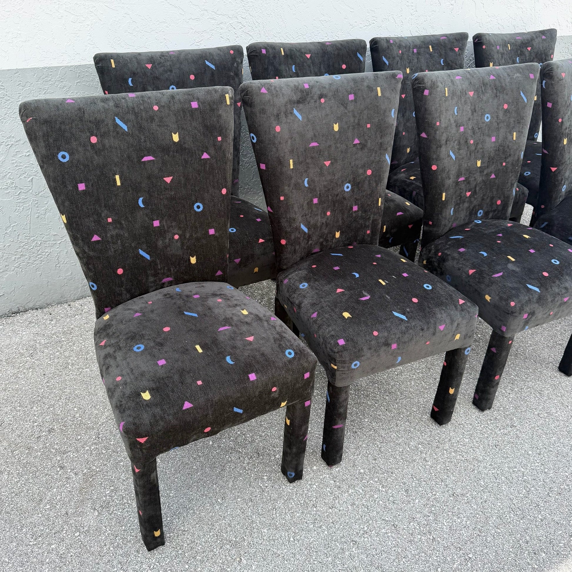 Vintage Postmodern Black Fabric Dining Chairs With Multi Color Shapes - Set of 8 Dolphin & Flamingo