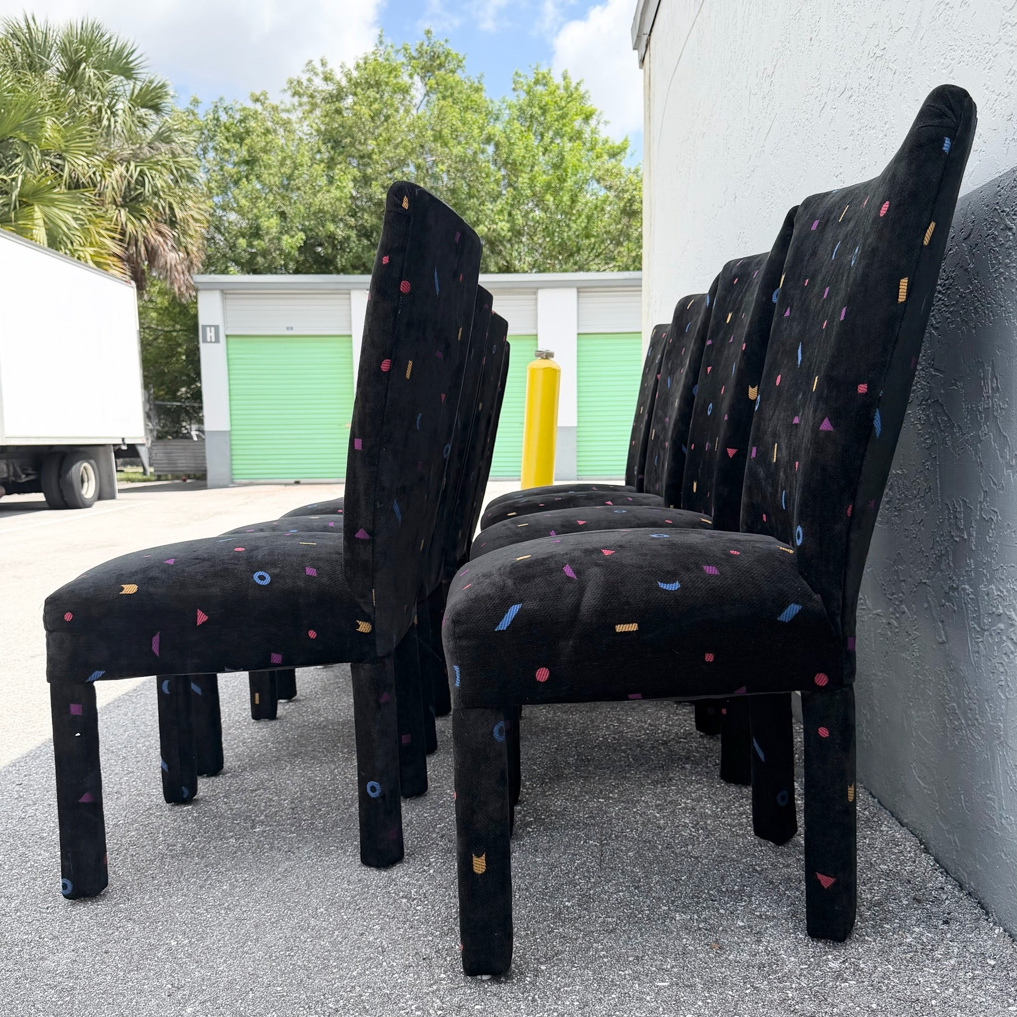 Vintage Postmodern Black Fabric Dining Chairs With Multi Color Shapes - Set of 8 Dolphin & Flamingo