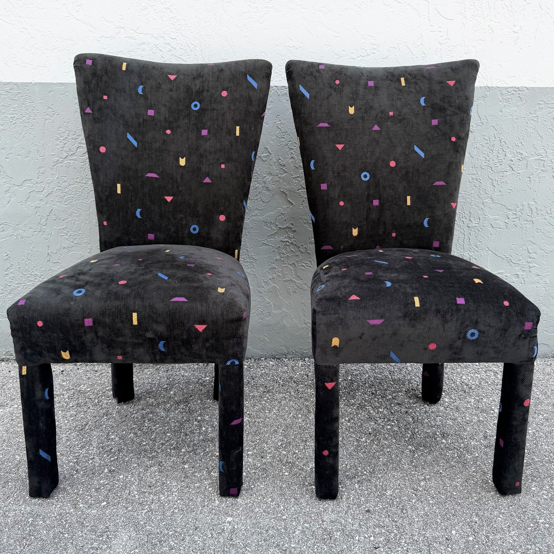 Vintage Postmodern Black Fabric Dining Chairs With Multi Color Shapes - Set of 8 Dolphin & Flamingo