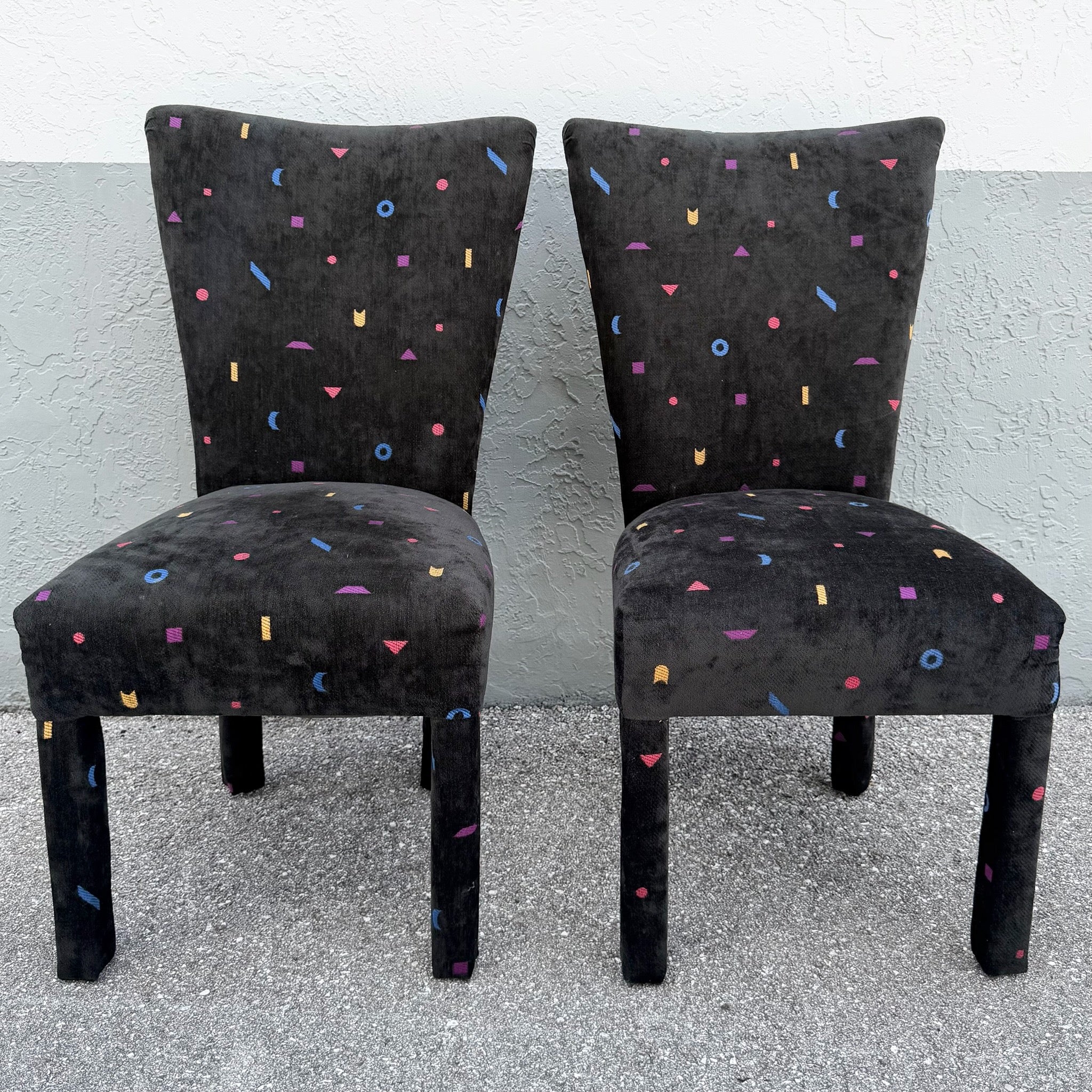 Vintage Postmodern Black Fabric Dining Chairs With Multi Color Shapes - Set of 8 Dolphin & Flamingo